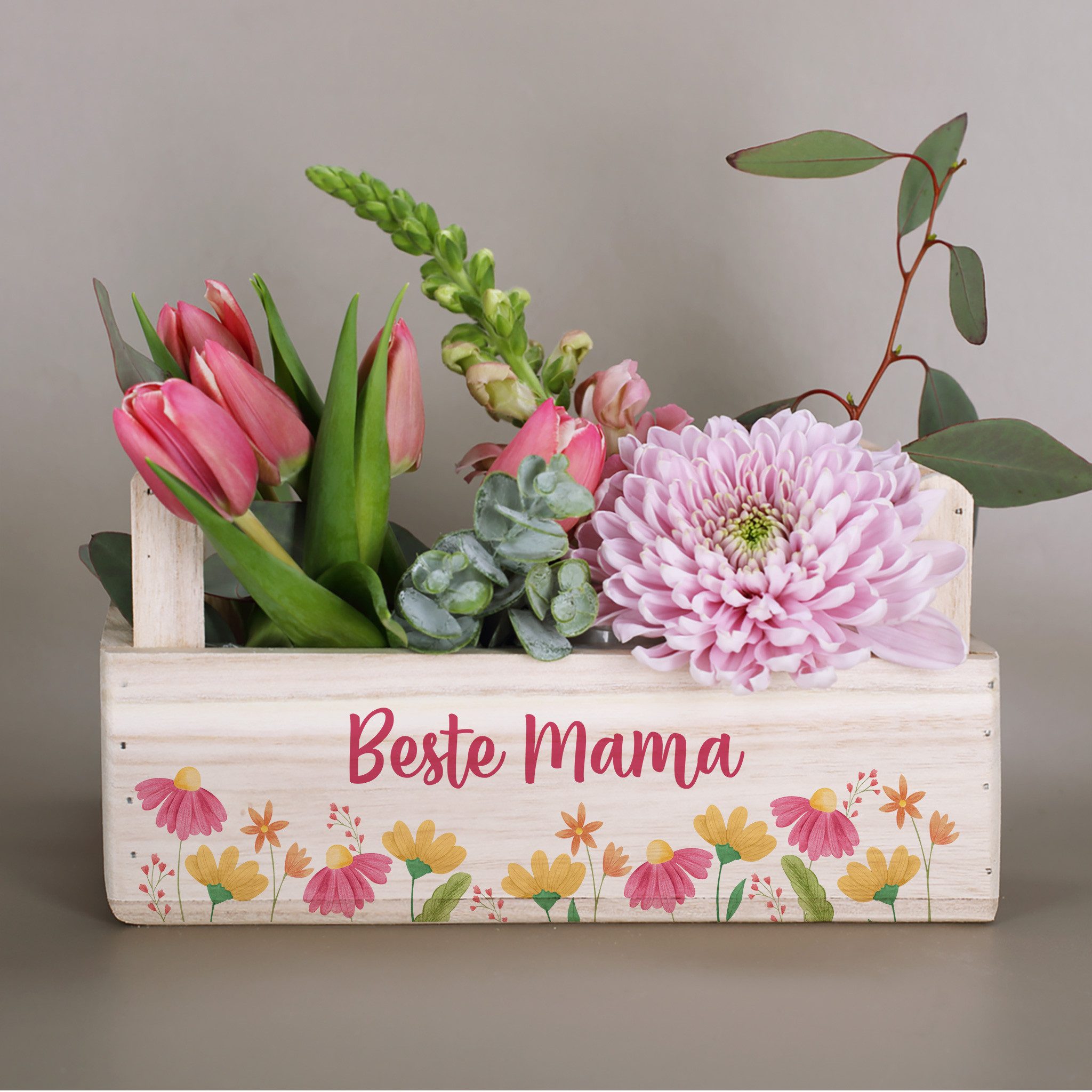 Herz & Heim Geschenkbox aus Holz - Geschenkkorb mit Blumen Motiv als Geschenkverpackung, mit Holzgriffen