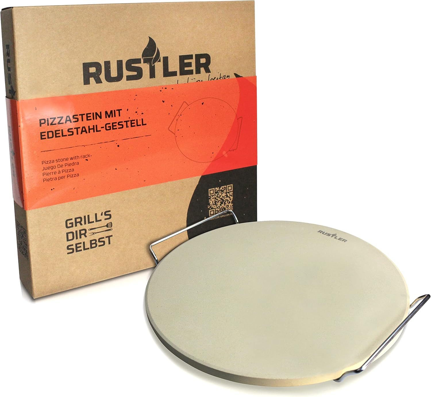 Rustler Pizzastein Pizzastein Rund Grill Brotbackstein Cordierit, Edelstahl-Gestell 33 cm, Cordierit, (1-St)