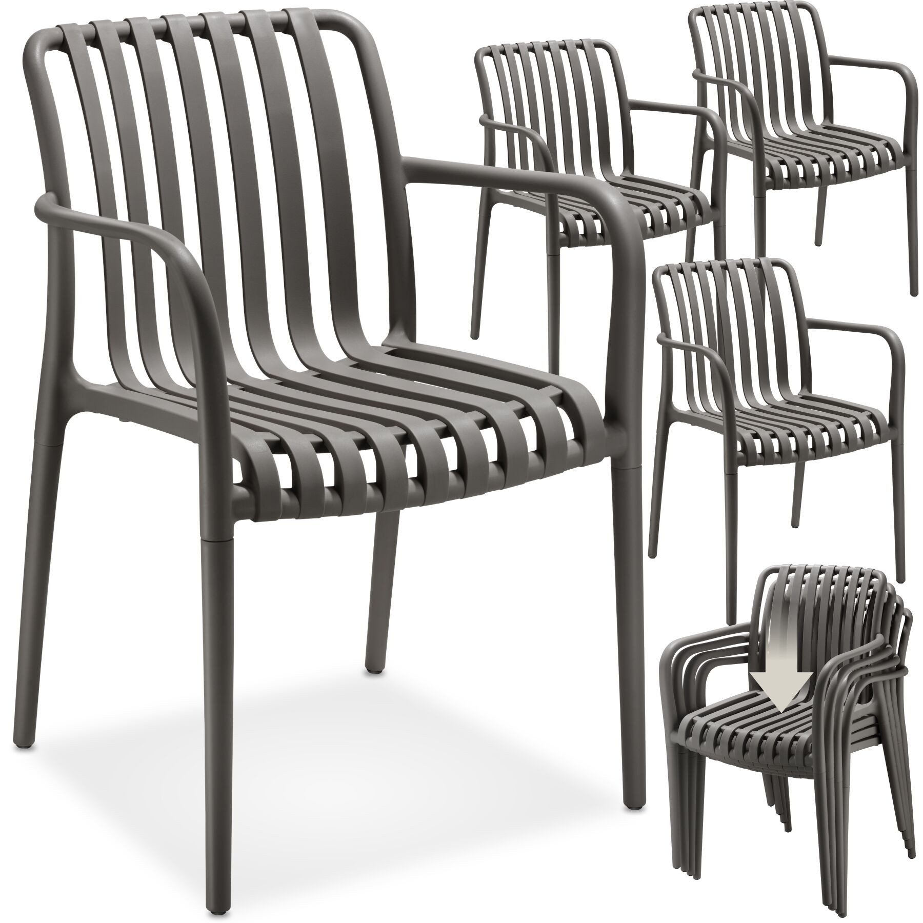 tectake Gartenstuhl Balkonstuhl, stapelbar, Belastbarkeit 120 kg, 54,5 x 58 x 80,5 cm, (Terrassenstuhl Alcudia für Außen in Antrazit, 4 St), wetterfest und UV-beständig, pflegeleicht, rutschfeste Gummischoner