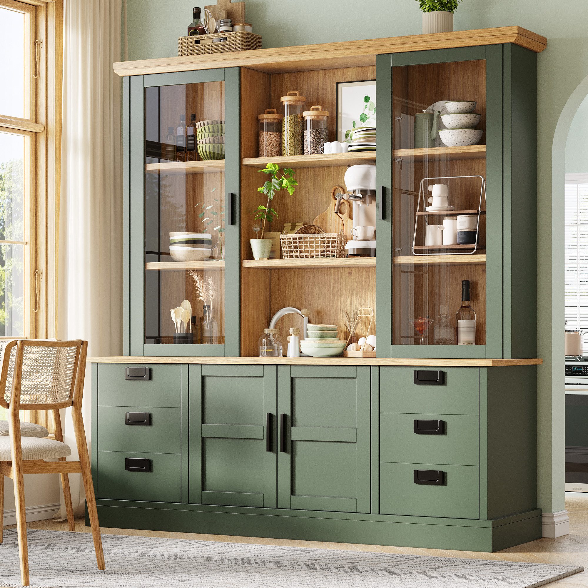 TavilaEcon Hochschrank Hochbuffetschrank mit Glasvitrine, 6 Schubladen & Doppeltüren (1-St) mit Anti-Kipp-Vorrichtung, verstellbare Einlegeböden, Dunkelgrün