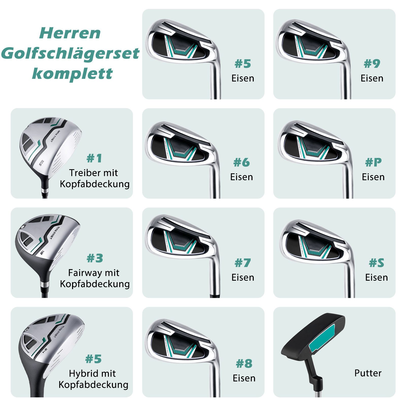 COSTWAY Golfschläger + Golfbag, 11-tlg., Golfschläger Komplettset für rechtshändig, Herren