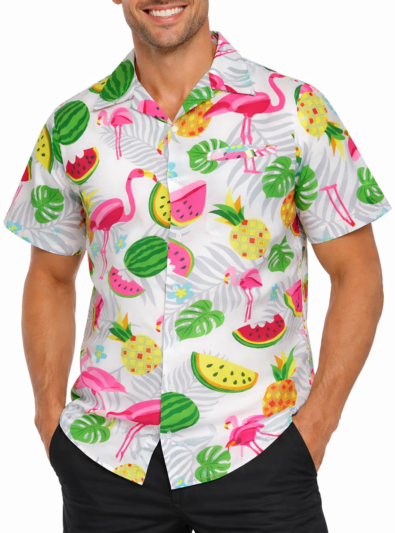 King Kameha Hawaiihemd "Flamingo Melone" Funky Hawaiihemd Herren Kurzarm Fronttasche Stylish