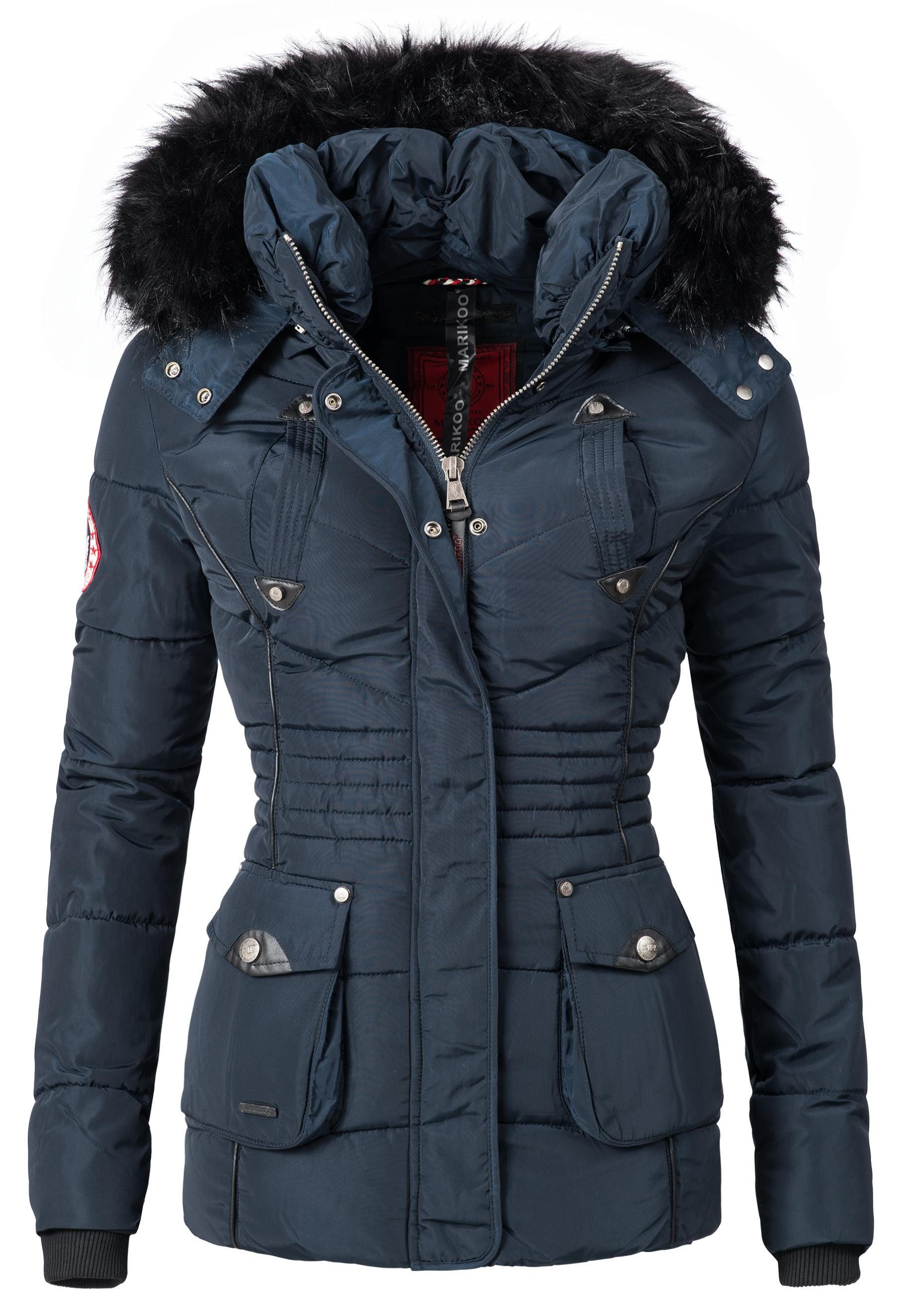 Marikoo Steppjacke Vanilla edle Winterjacke m. Kunstfellkapuze mittelblau