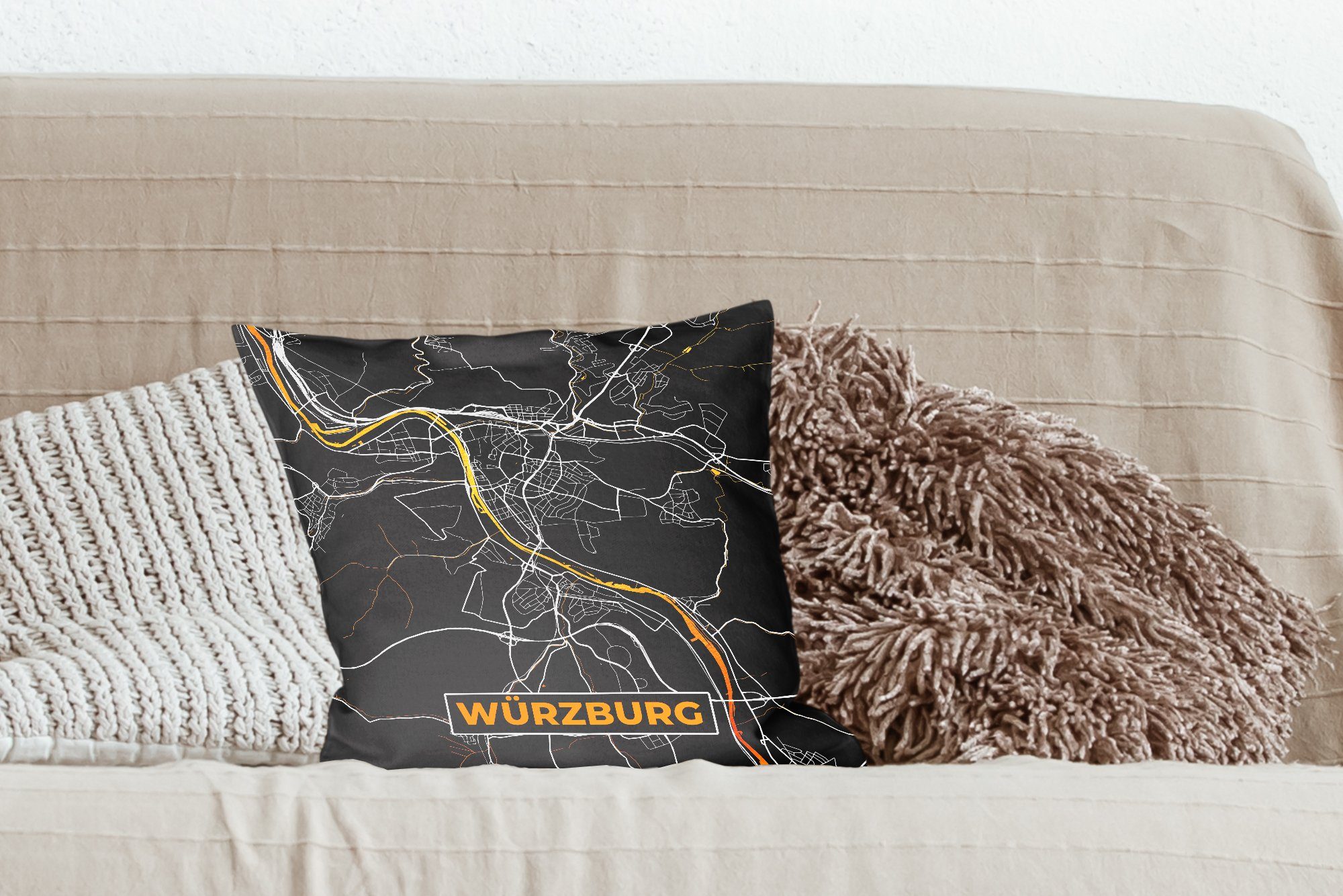 - Deutschland Deko, Stadtplan Dekokissen Karte, Zierkissen Schlafzimmer, MuchoWow Wohzimmer, Gold - - mit Sofakissen Würzburg für - Füllung