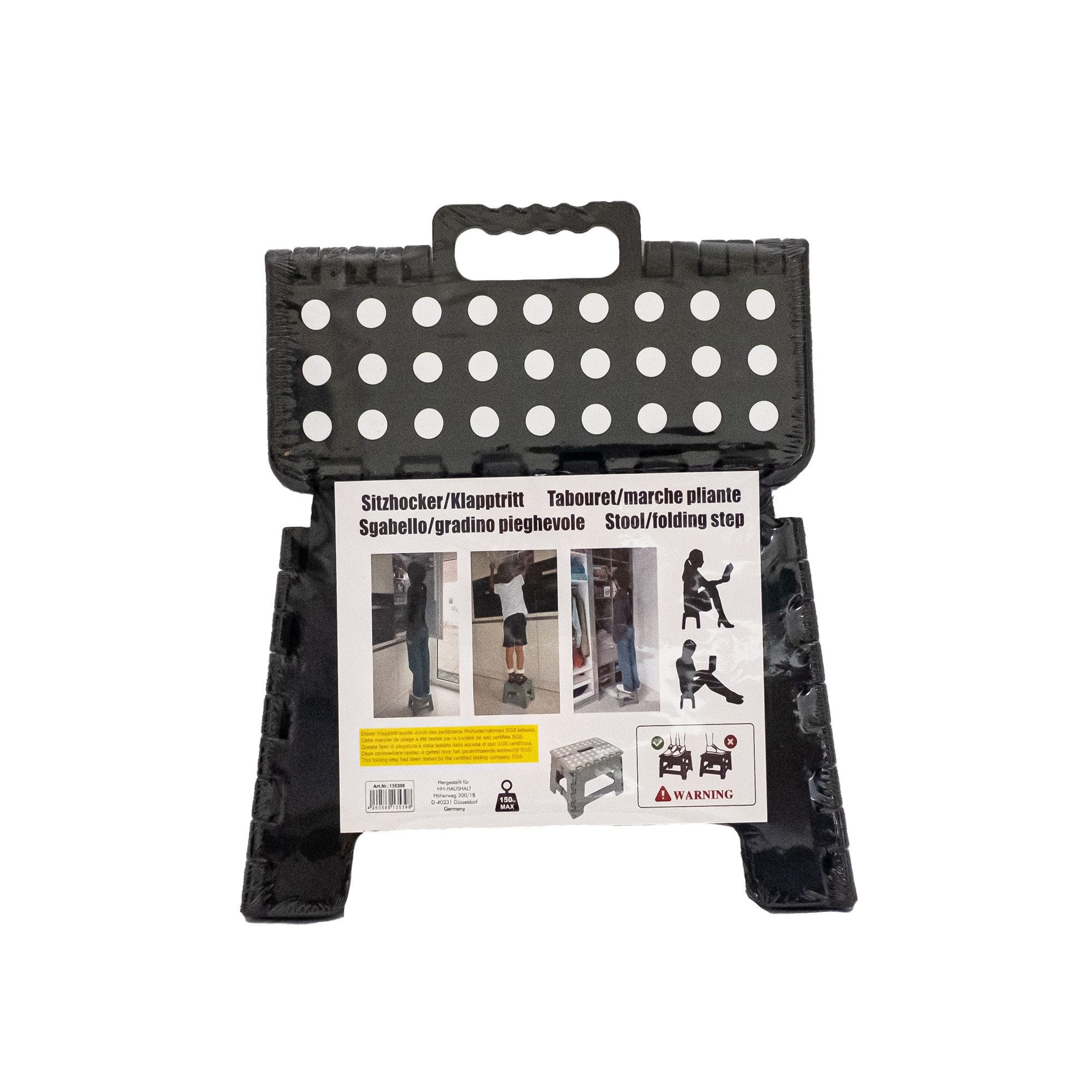 HH-Haushalt Klapptritt Klapphocker, Klapptritt, Tritthocker Schwarz Faltbar H 22cm bis 150KG