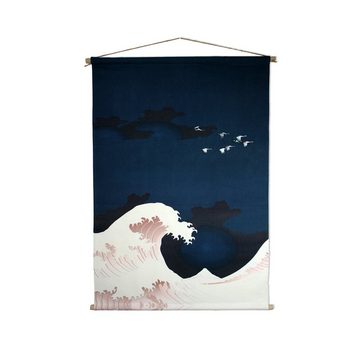 Cosy Home Ideas Wanddekoobjekt Wanddeko Wandbehang Welle & Kraniche Stoff 90x130 cm blau japanisch (1 Stück), bedruckte Wanddeko aus Baumwolle