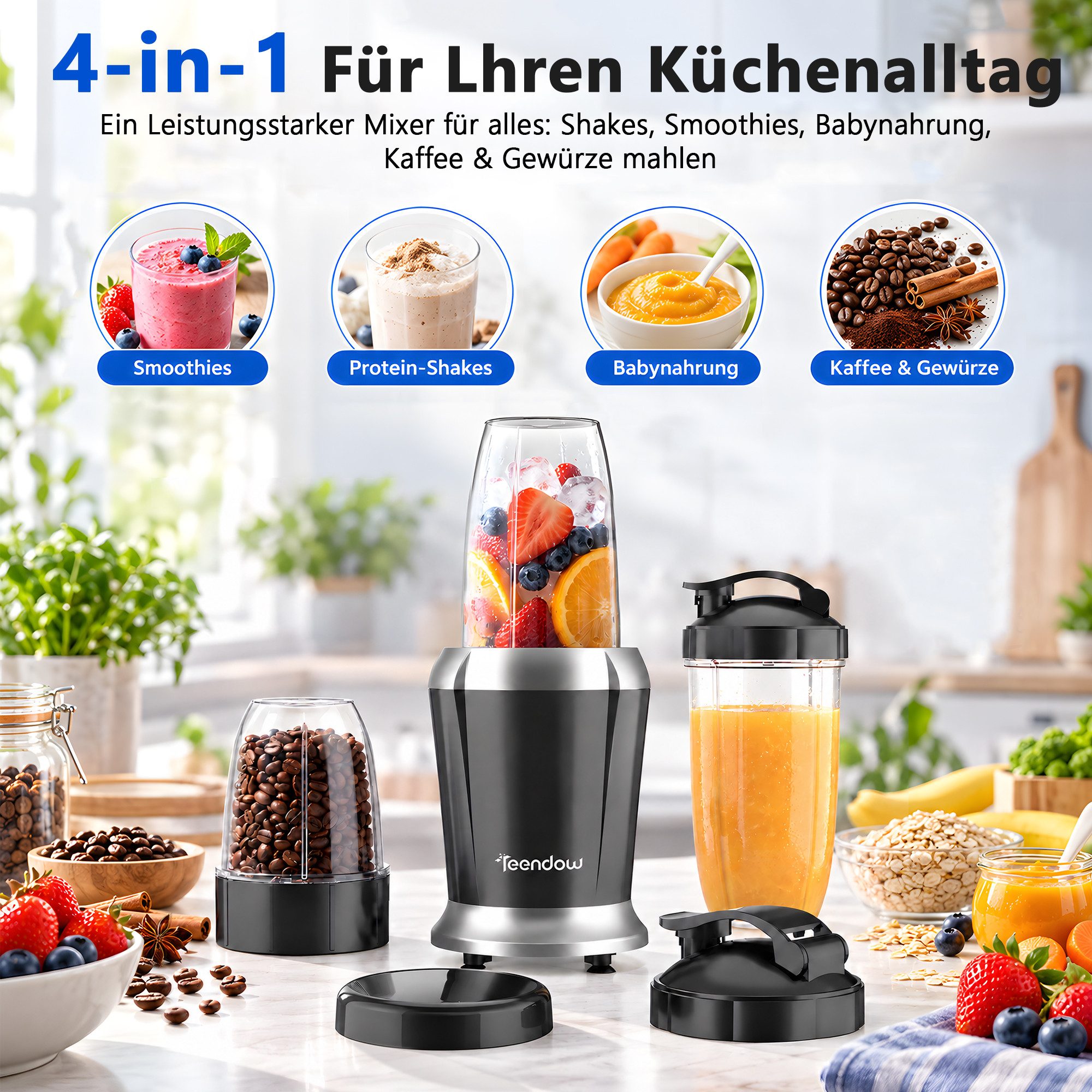 Teendow Standmixer Smoothie Maker Mixer 1200W Hochleistungsmixer HNB607, 1200 W, 1.1L, 6 Klingen, Leicht zu tragen, Sicher, rutschfest – Bild 5 von 5
