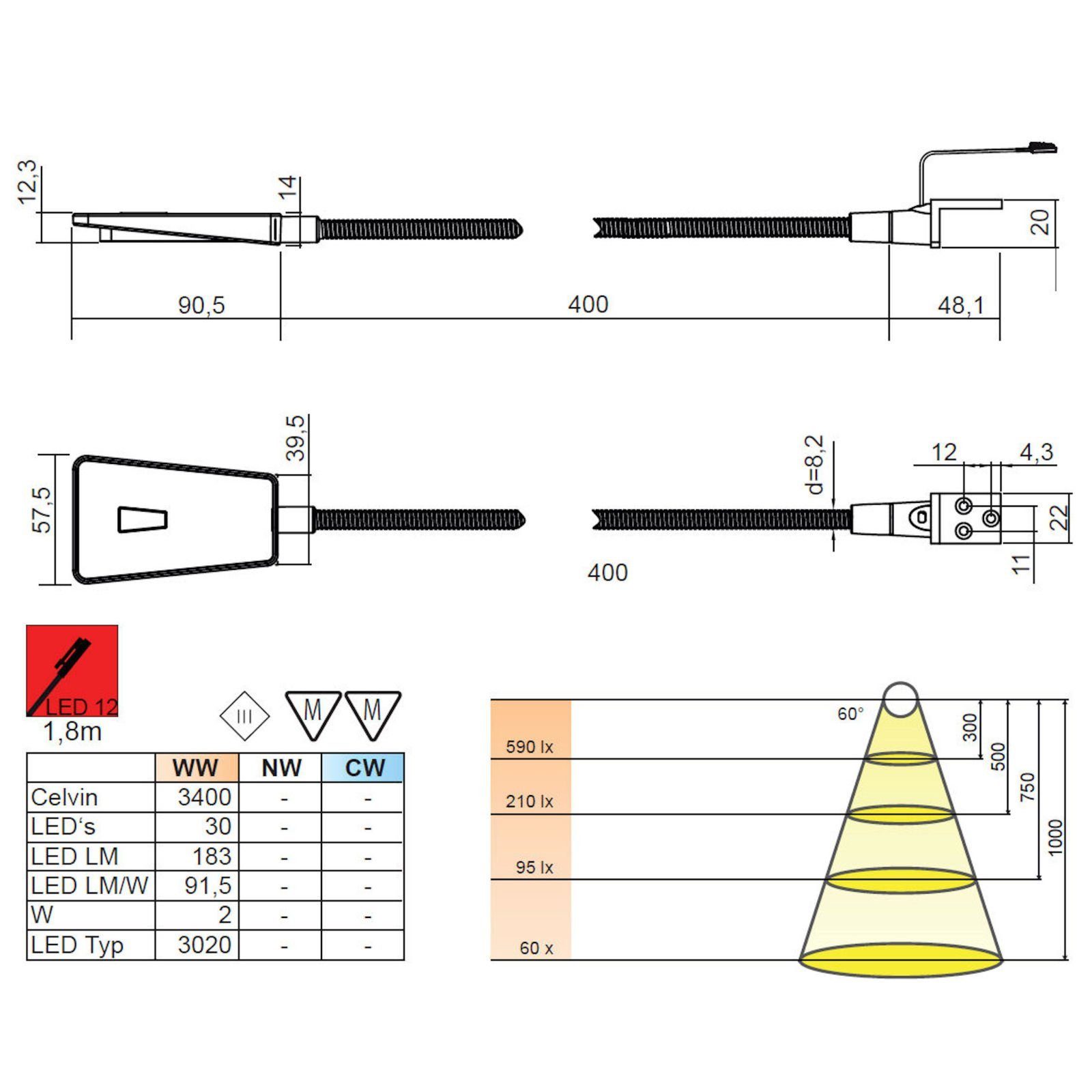 SO-TECH® Bettleuchte Flexible LED Leseleuchte Luminoso 12V / 2W, Einzelleuchte (weiß) ohne Netzteil
