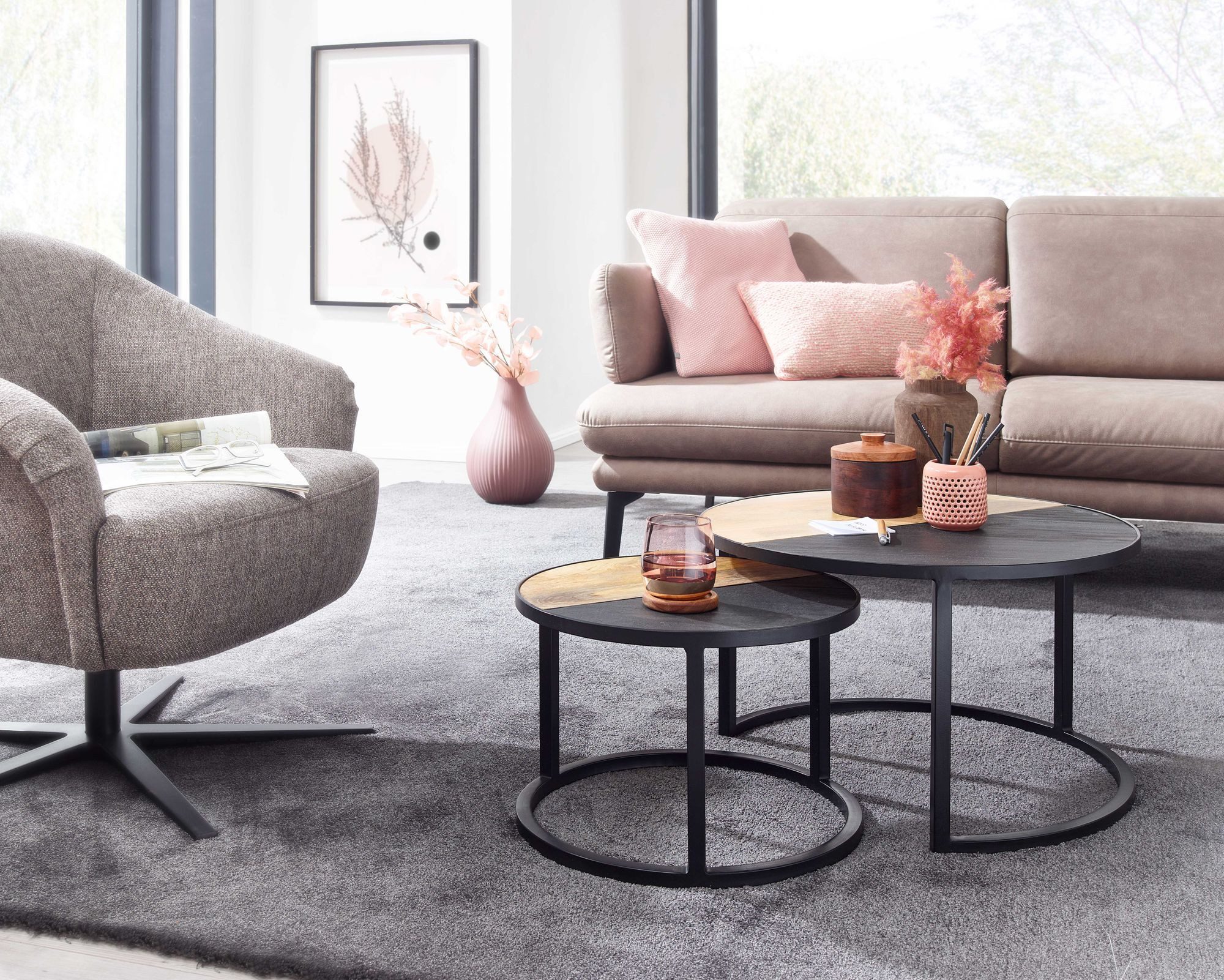 Wohnling Satztisch Couchtisch 2 teilig Wohnzimmertisch Massivholz Rund Beistelltisch Tisc (Couchtisch 2er Set Mango Massivholz Rund), Wohnzimmertisch Modern, Beistelltisch 2-teilig