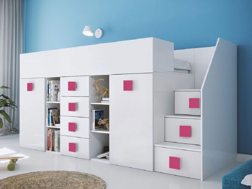 Feldmann-Wohnen Hochbett TOLEDO 3 (Etagenbett mit Schreibtisch + Kleiderschrank) Farbe wählbar - Treppe rechts weiß / weiß Hochglanz - Griffe pink