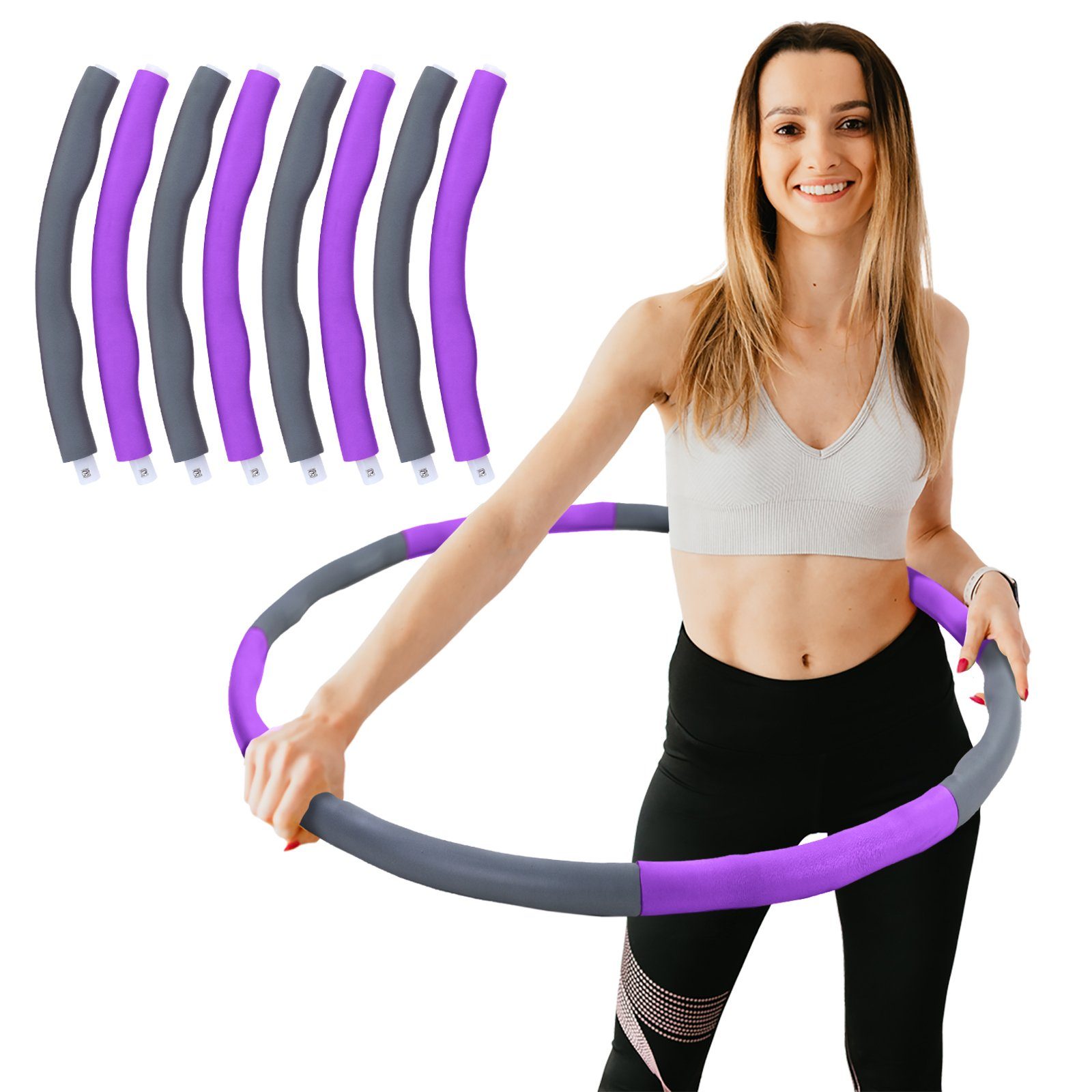 RAMROXX Hula-Hoop-Reifen Hula Durchmesser einstellbar 8 Reifen Hoop Lila Fitness gepolstert Grau Teile