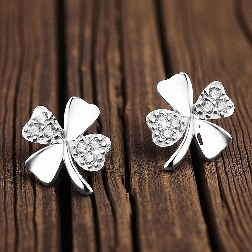 Taffstyle Paar Ohrstecker Kleeblatt 925 Sterling Silber Damen Ohrringe mit Kristallen für Damen (Stylische Damen Ohrringe im Kleeblatt Design mit funkelnden Kri – Bild 4 von 5