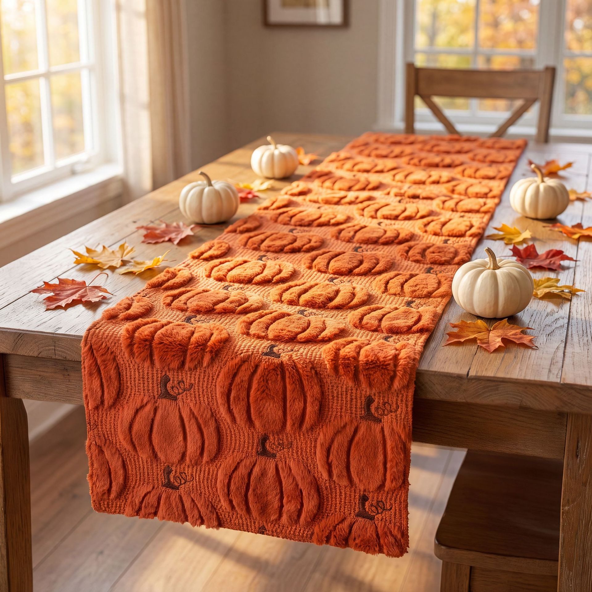 JASLIFE Tischläufer Herbst Kürbis 3D-Plüsch Herbstdeko, 3D-Kürbismotiv, weiche Plüschstickerei, Herbst Tischdeko