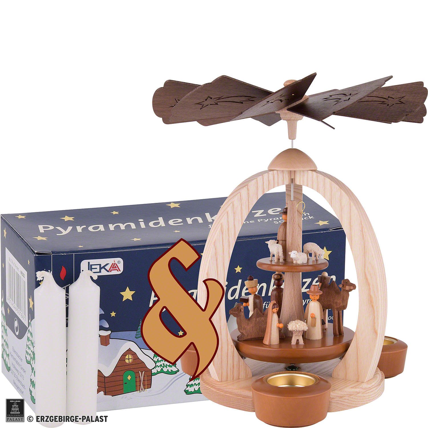 Erzgebirge-Palast Weihnachtspyramide Set 2-stöckige Pyramide Christi Geburt und eine Packung weiße Свечи v