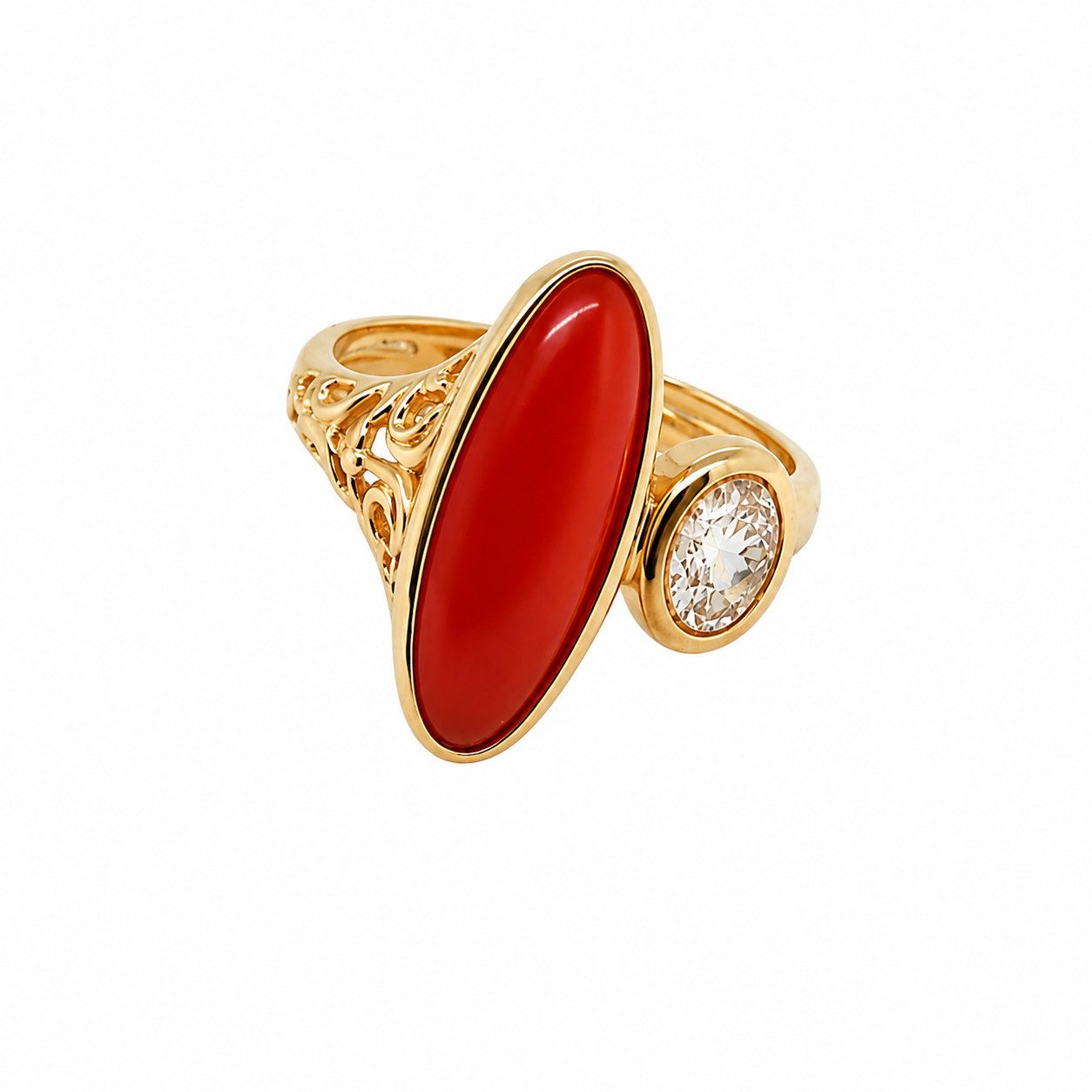 Sogni d'oro Fingerring "Korallenduett" mit Koralle und Bergkristall Blattgold Doublette, Silber 925 vergoldet