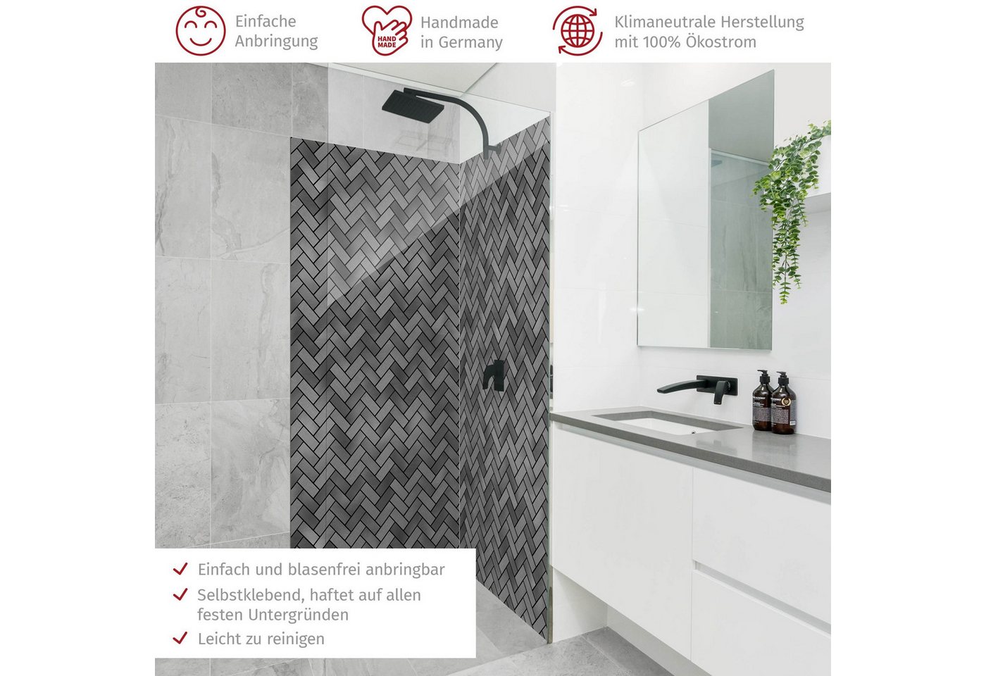 Thumbnail - Bilderdepot24 Badrückwand Fliesenoptik grau Duschrückwand ohne Bohren Dusche, (2-tlg., Hart-Folie Premium matt 0,61 mm),...