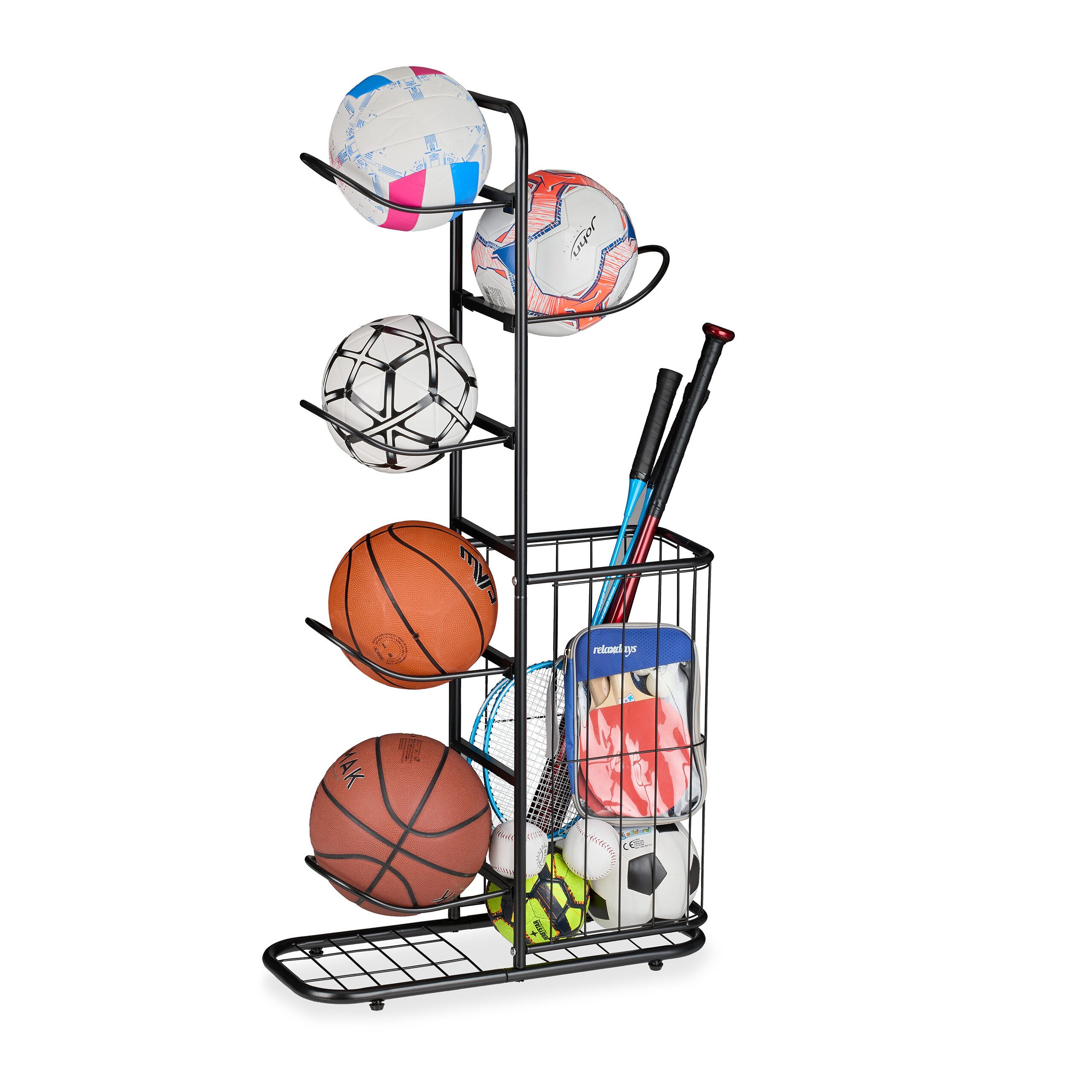 relaxdays Sportgeräte-Regalwagen Ballständer mit 5 Ablagen und Korb, schwar günstig online kaufen