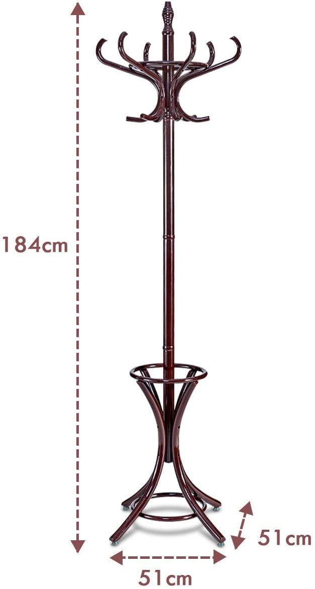 COSTWAY Garderobenständer, 184cm, mit und Schirmständer Kleiderhaken Braun 12