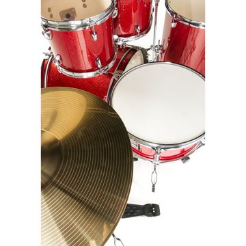 FAME Schlagzeug,FG22B-RD First Gig Rock Set, Red Sparkle, Komplettes Drum-Set, 22 Zoll BassDrum, Pappel-Kessel, Chrom-Hardware, inklusive Becken und Tomhalter, Ideal für Einsteiger, FG22B-RD, Drum-Set, Einsteiger drum set