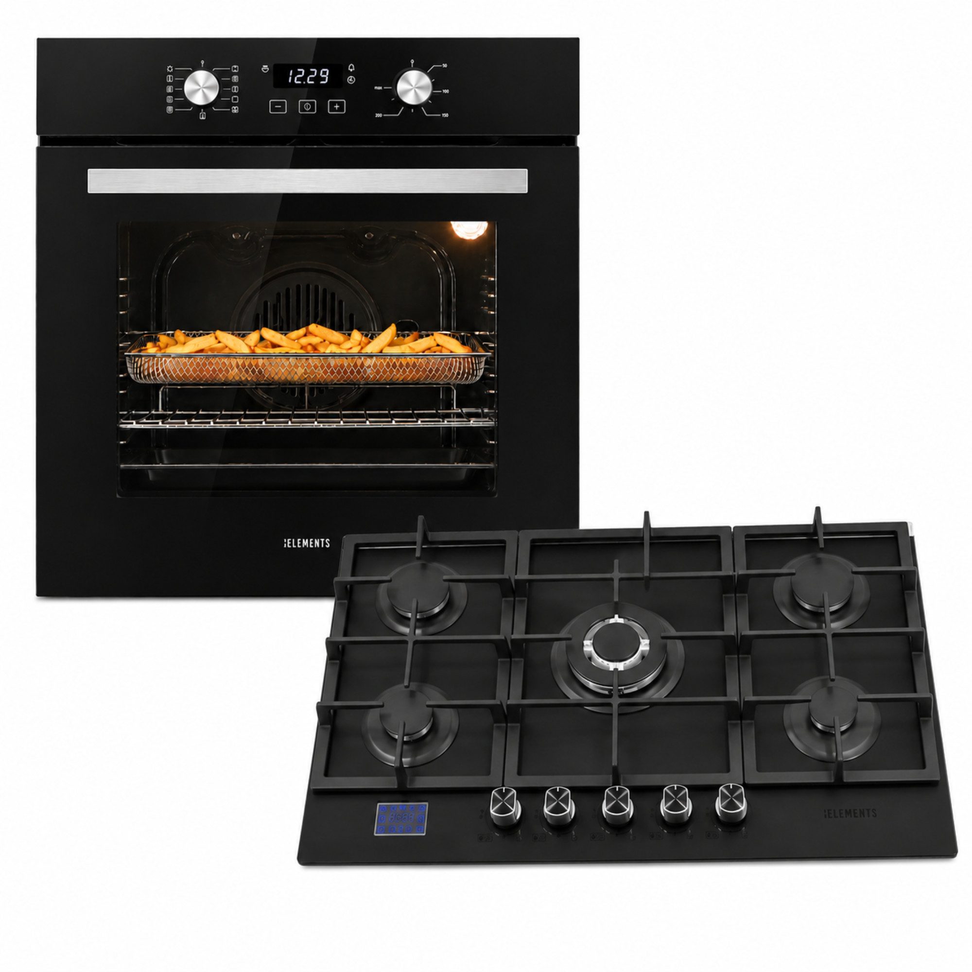 KB Elements Backofen-Set Einbaubackofen 60 cm mit Gaskochfeld 5 Flammig, Air Fry, Steam Clean, Gaskochfeld mit Gas-Stop-Timer