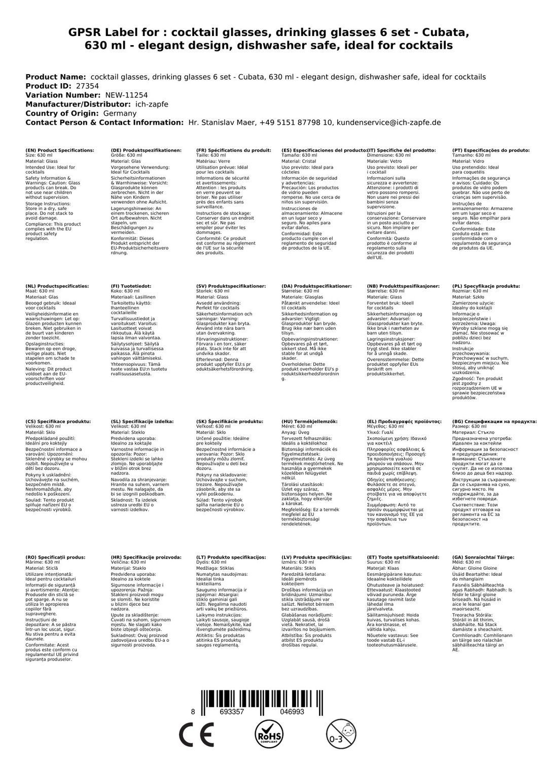 WAS Cocktailglas Cocktailgläser, Trinkgläser 6er-Set - Cubata, 630 ml