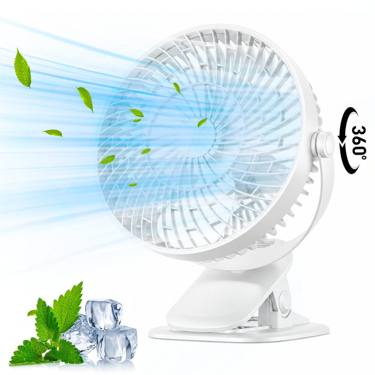MOPUEA Standventilator 360° Drehbar Klemm-Ventilator Luftzirkulationsventilator USB, Tischventilator 3 Windstufen Standventilator Luftzirkulation Leise