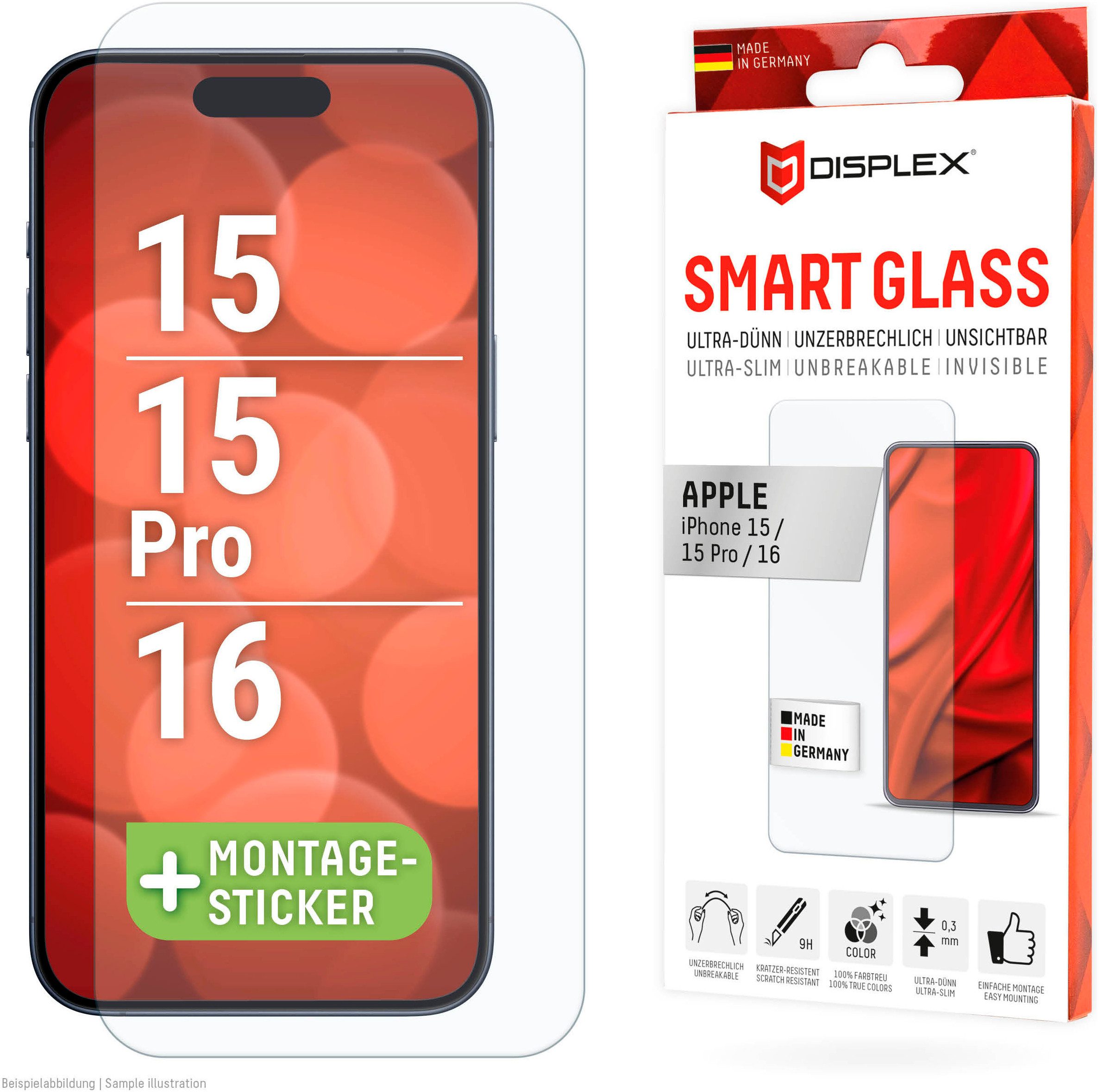 Displex Displayschutzglas Smart Glass Screen Protection für Apple iPhone 15, Apple iPhone 15 Pro, Apple iPhone 16, Displayschutzfolie, Schutzfolie, Bildschirmschutz, kratz- & stoßfest