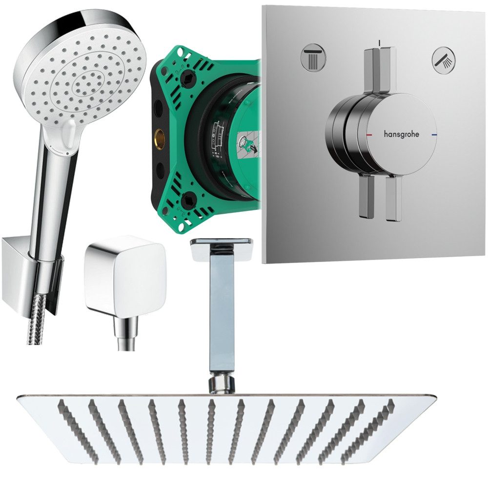 Hansgrohe und Jowi Duscharmatur Unterputz Duschsystem, DuoTurn E Duscharmatur, mit Deckenanschluss (Unterputz-Duschsystem) Kopfbrause und Deckenanschluss aus Edelstahl