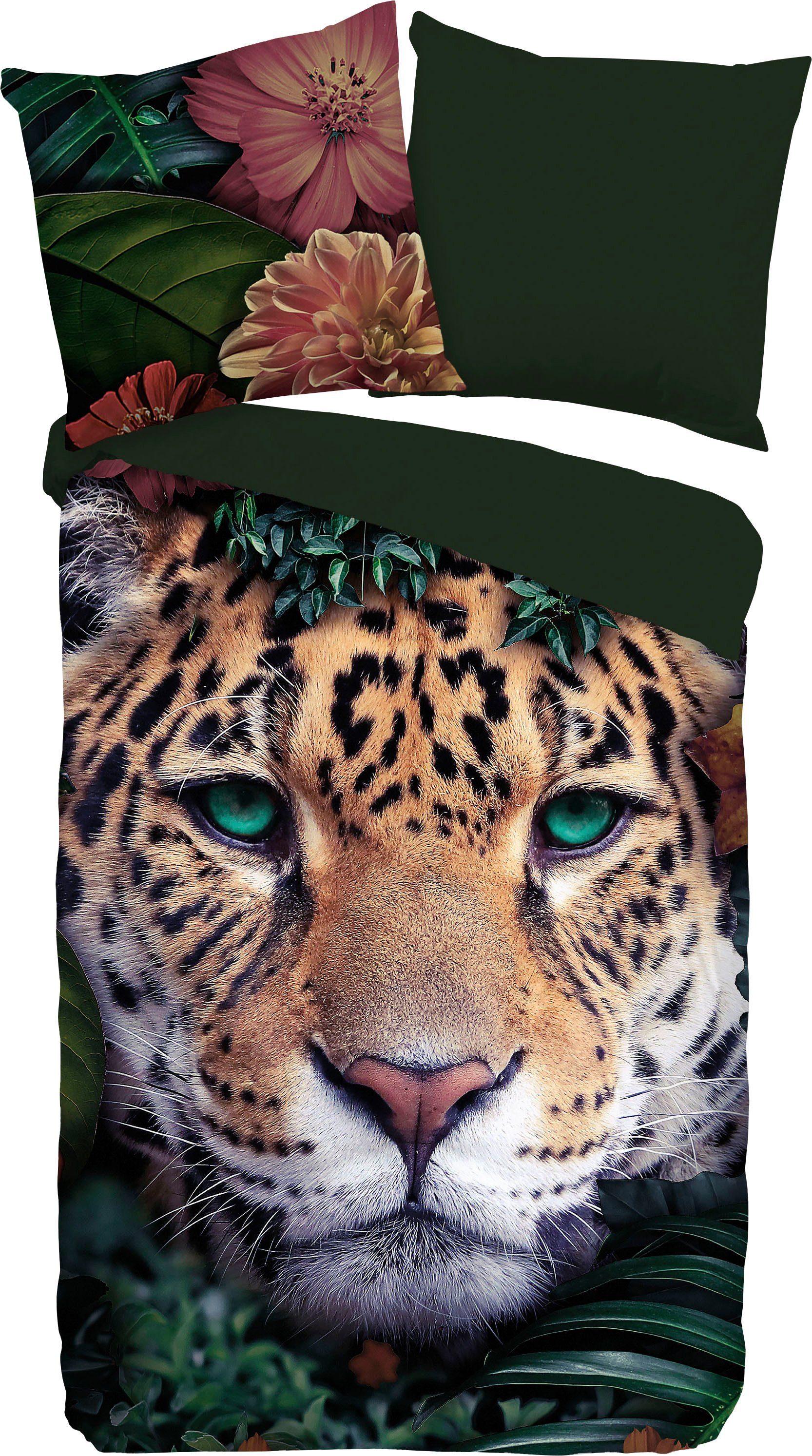 Wendebettwäsche Wildlife flowers, PURE luxury collection, Microfaser, 2 teilig, mit Leopard