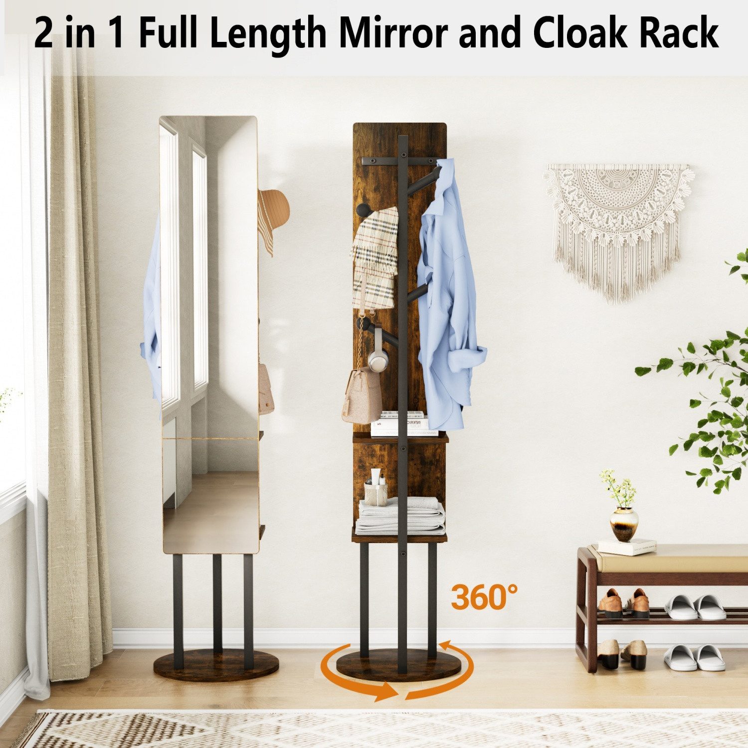 ANYSUN Ganzkörperspiegel Garderobe mit Stauraum 360°drehbarer multifunktionaler Kleiderständer (174*40 cm,Garderobe mit Haken), 2-in-1-Standspiegel,Ganzkörpersp – Bild 4 von 5