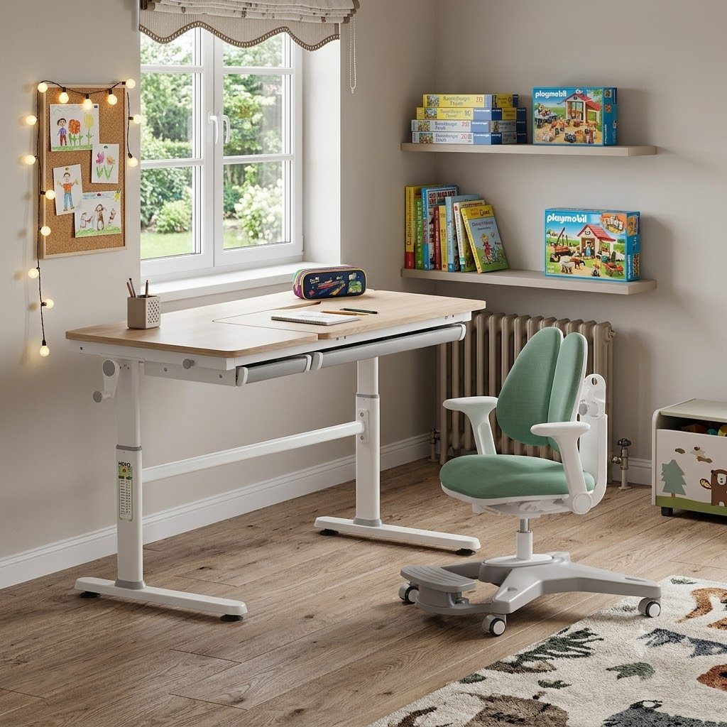 HOKO Kinderschreibtisch höhenverstellbar für Kinderzimmer (Tisch-Stuhl-Set, Kinder Schreibtisch mit 2 Schubladen und neigbarer Tischplatte, Kinderstuhl mit vielseitig verstellbaren Funktionen, 120x60 cm Arbeitsfläche, 80x40 cm neigbare Tischplatte), verstellbare Sitzhöhe von 43 bis 54 cm, Holzoptik-Grün, CELIN & ANTON