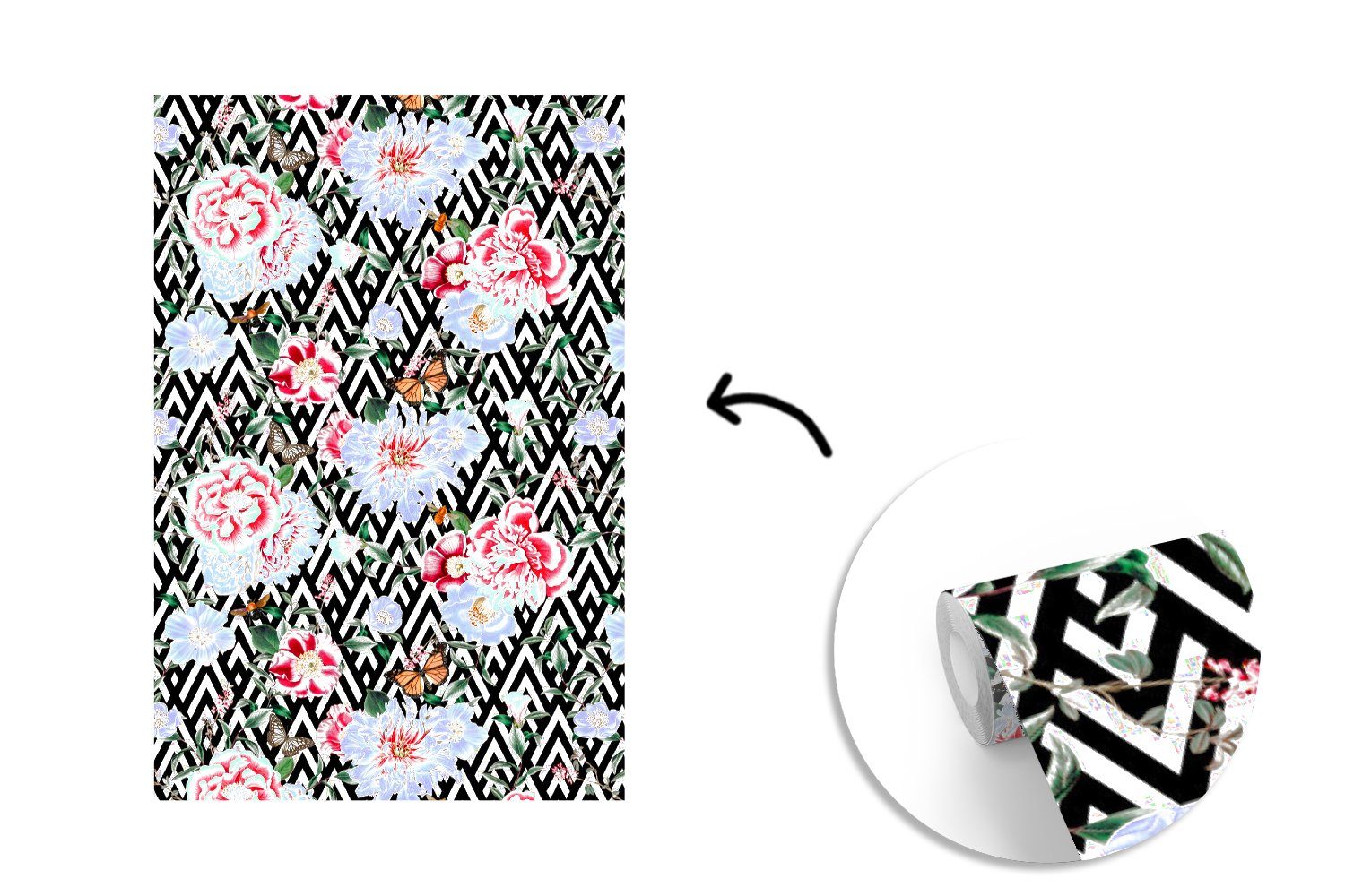 MuchoWow Fototapete Blumen Montagefertig - für Tapete Wohnzimmer, Wandtapete St), Schmetterling, bedruckt, - Matt, Vinyl Rosa (3