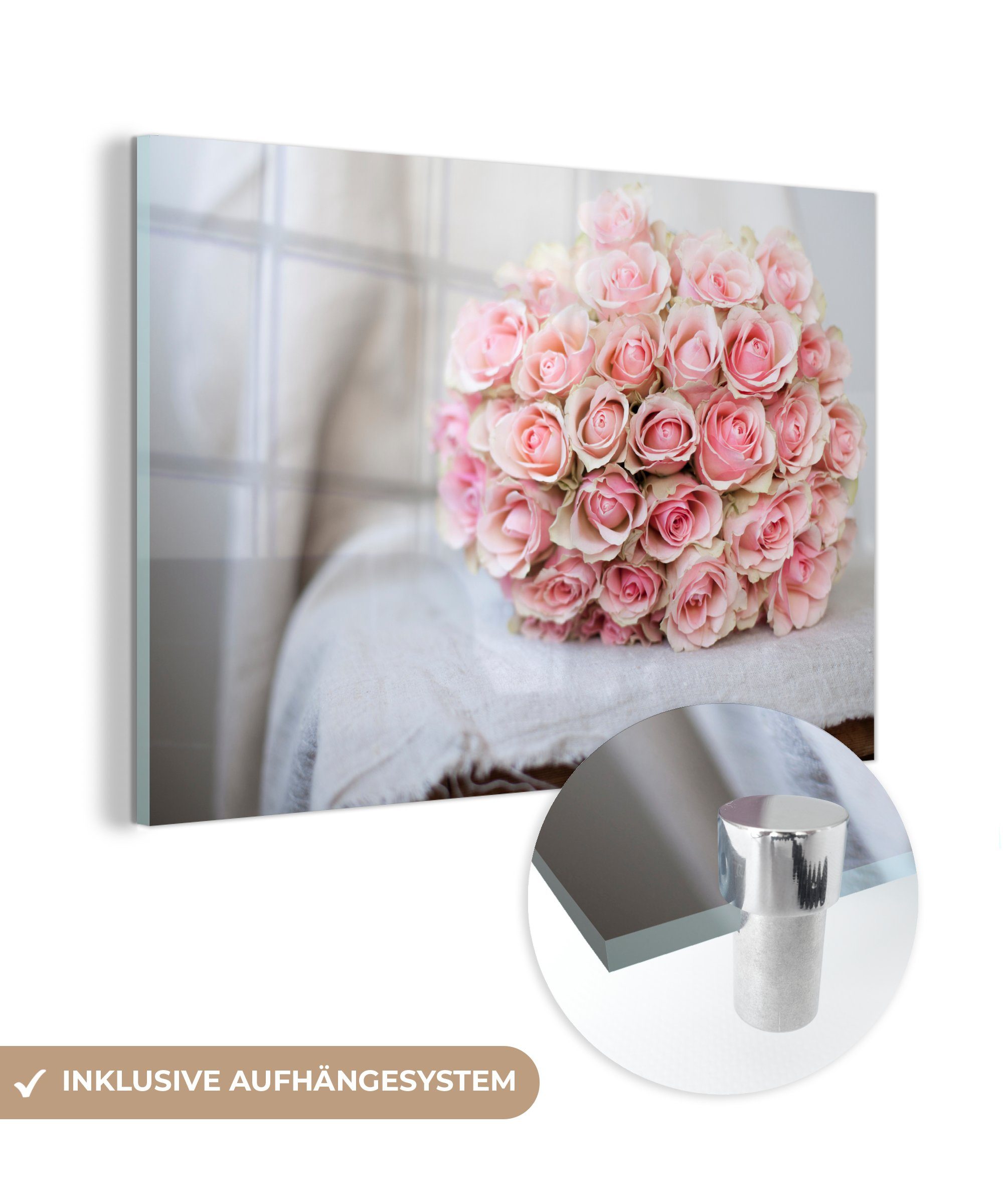 Dieser Acrylglasbild weißen & liegt Schlafzimmer mit auf Bank St), MuchoWow Acrylglasbilder Rosenstrauß einer Tuch, Wohnzimmer (1 einem