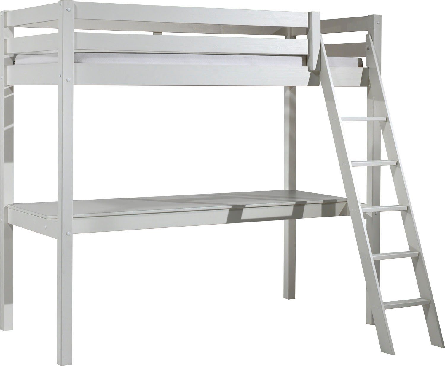 Vipack Hochbett Pino, Kiefer massiv, sehr standfest, Made in Europe, mit Sessel (B/H/T ca. 209x190x215cm, mit großer Schreibplatte und Leiter) inkl. Rolllattenrost, Absturzschutz, 2 Breiten zur Auswahl