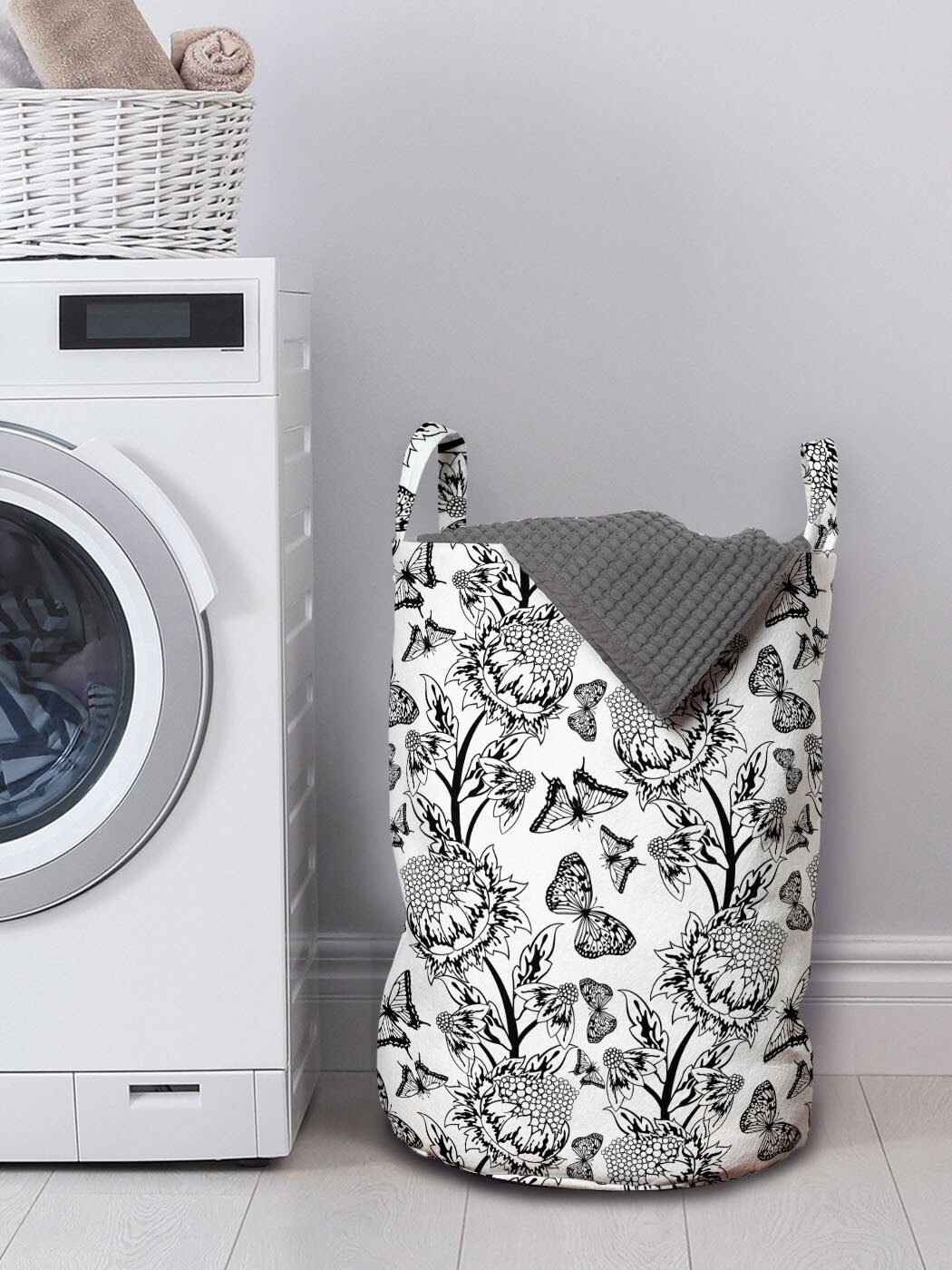 ornamental Griffen Wäschekorb Schwarz und mit weiß Floral Kordelzugverschluss Abakuhaus Waschsalons, Design Wäschesäckchen für