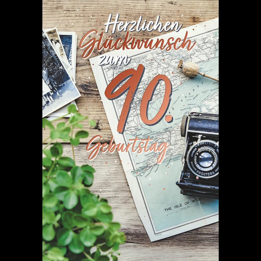 Grußkarten 90. Geburtstag - Karte mit Umschlag - Landkarte - mit rosegoldener