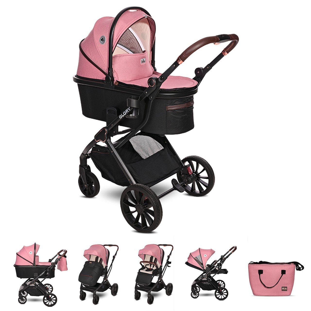 Lorelli Kombi-Kinderwagen Kinderwagen 2 in 1 Glory, Babywanne, umkehrbarer Sportsitz, bis 22 kg pink