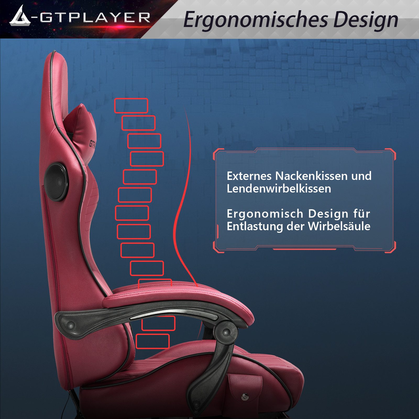GTPLAYER Gaming-Stuhl ergonomischer Bürostuhl mit HIFI Stereo Lautsprecher, Verbindungsarmlehen beeindrukende Klang-atmosphäre