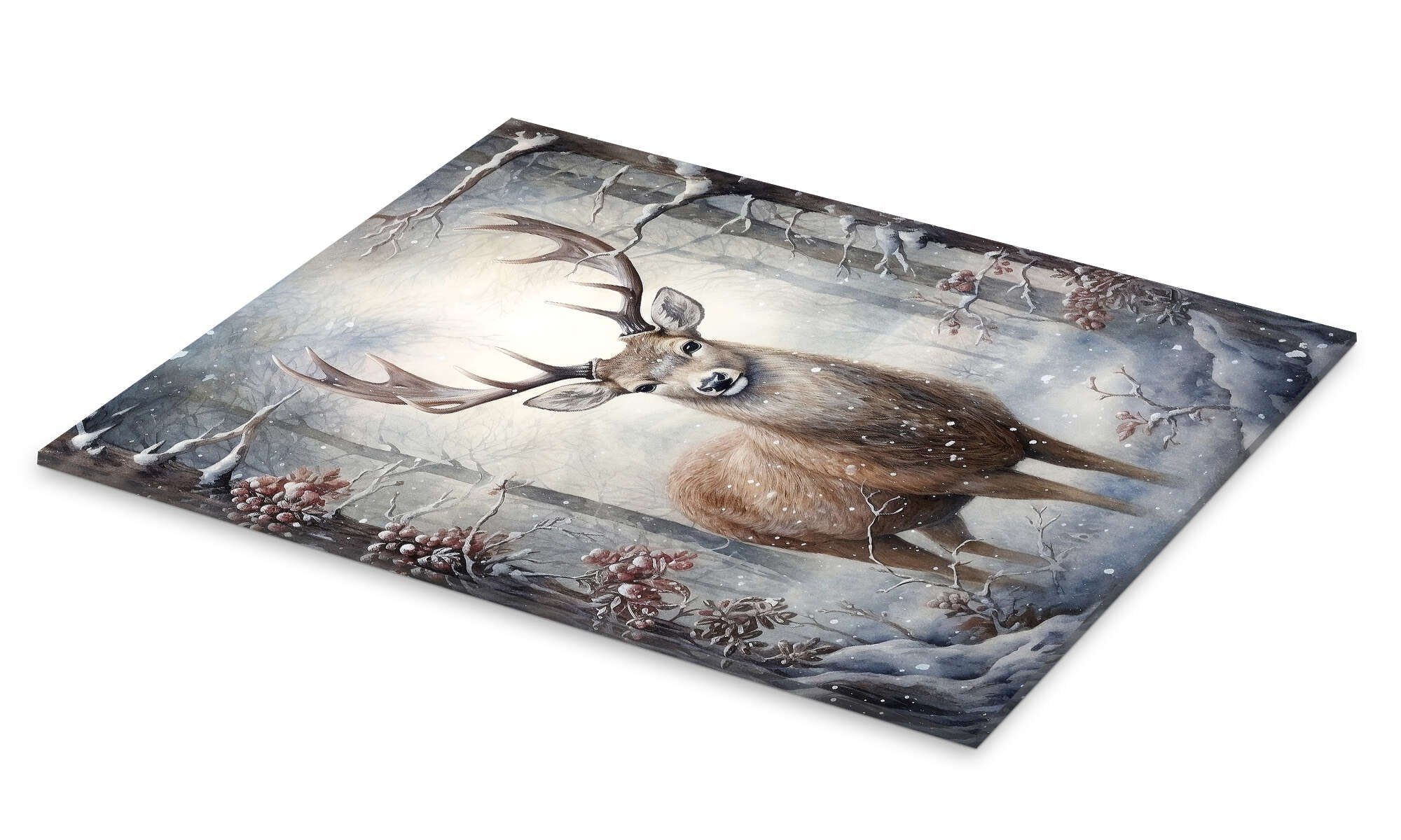 Posterlounge Wandbild Hirsch im Weihnachtswald, Olga Telnova, erhältlich als Poster, Leinwandbild, Wandsticker oder Acrylglasbild
