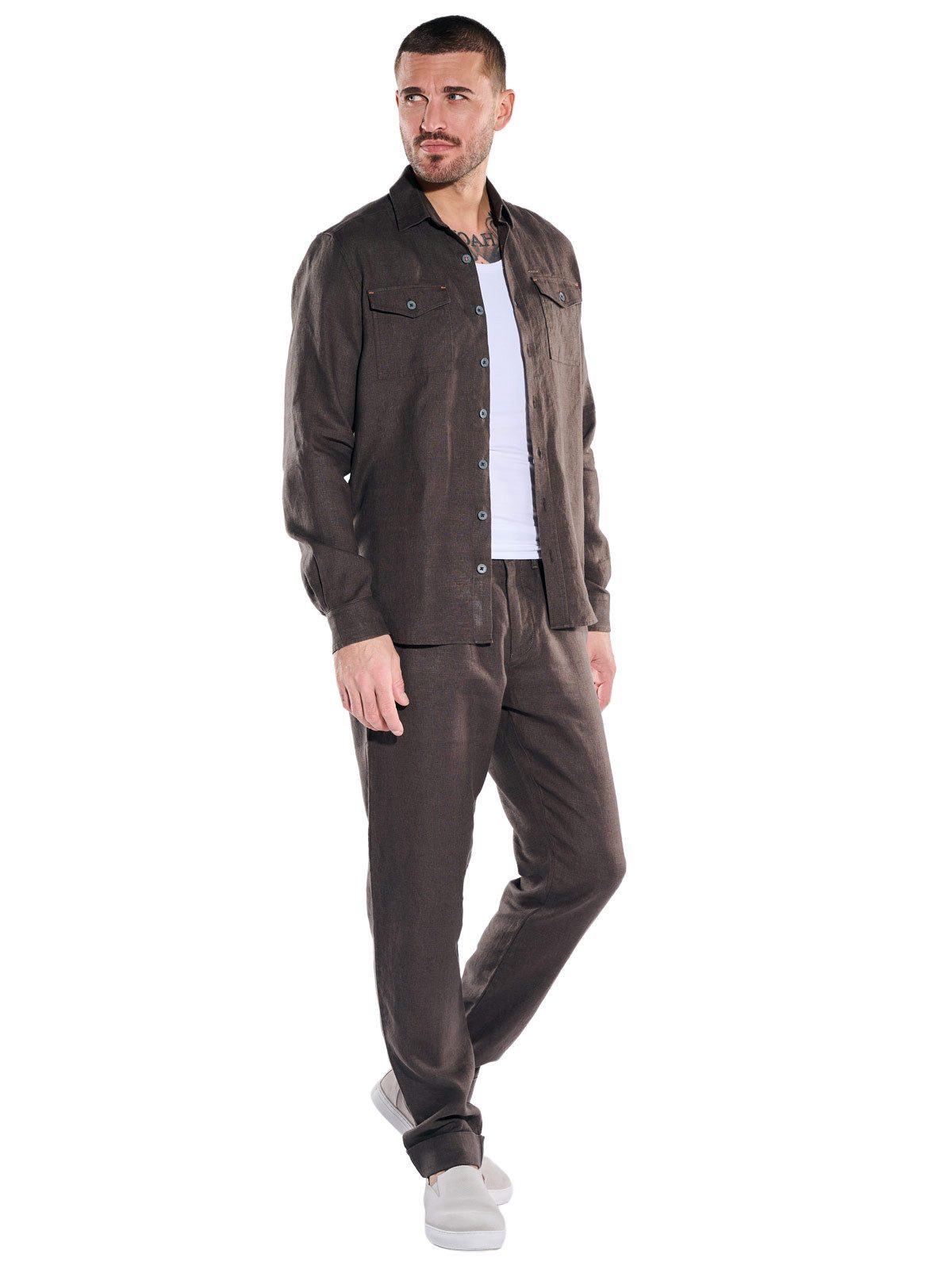 emilio adani Langarmhemd Herren Overshirt aus Leinen, Dunkelbraun