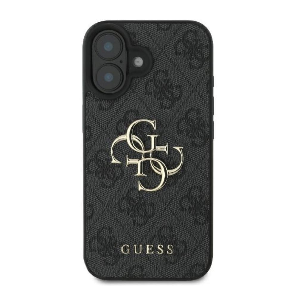 Guess Handyhülle iPhone 16 Kunstleder grau Big Logo goldfarbig 6,1 Zoll, Kantenschutz