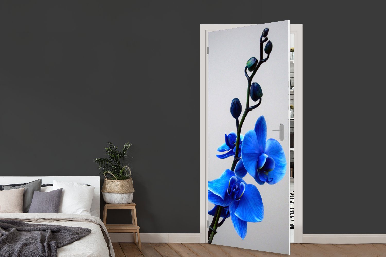 für 75x205 Matt, Tür, Blaue Türtapete (1 Orchidee, Fototapete cm MuchoWow Türaufkleber, bedruckt, St),