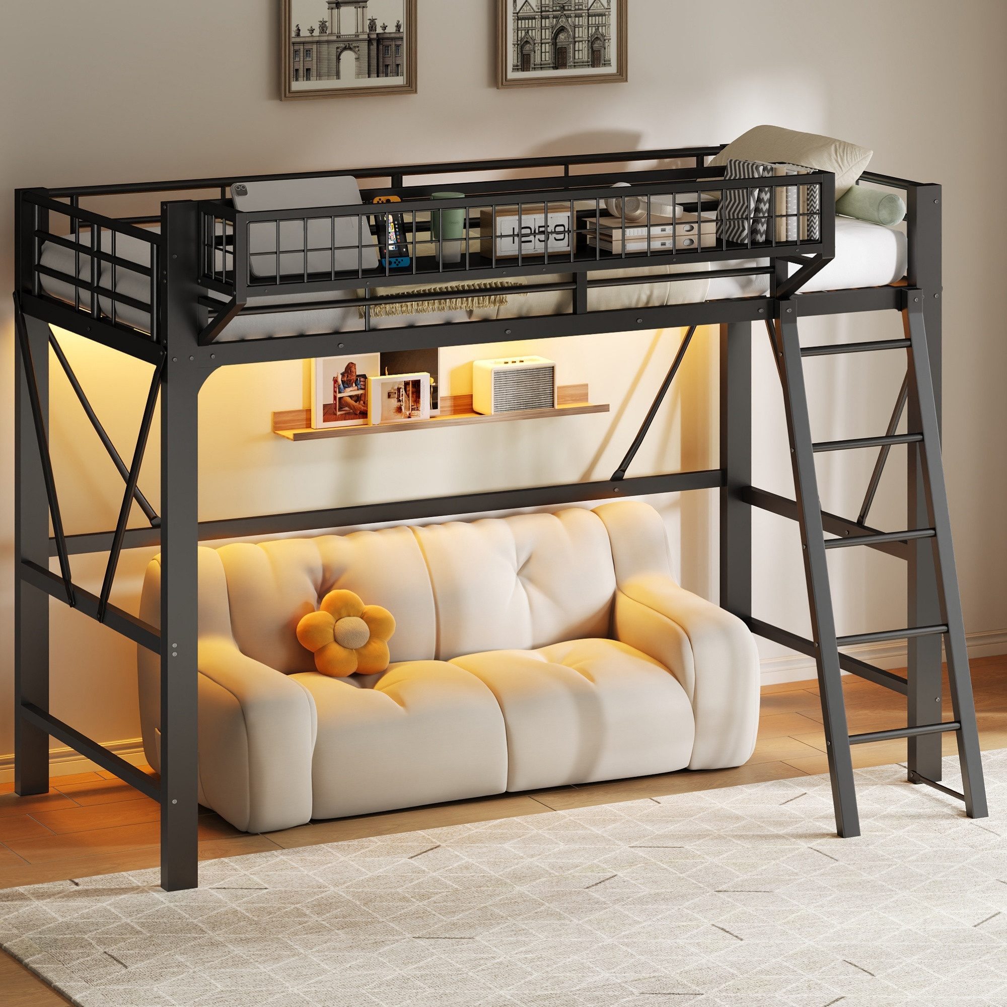 BlingBin Hochbett Metall-Hochbett mit LED-Beleuchtung, Leiter und Aufbewahrungskorb (1er Set, 1-St., 1 x Metall-Hochbett, 1 x LED-Lichtleiste, 1 x Aufbewahrungskorb)