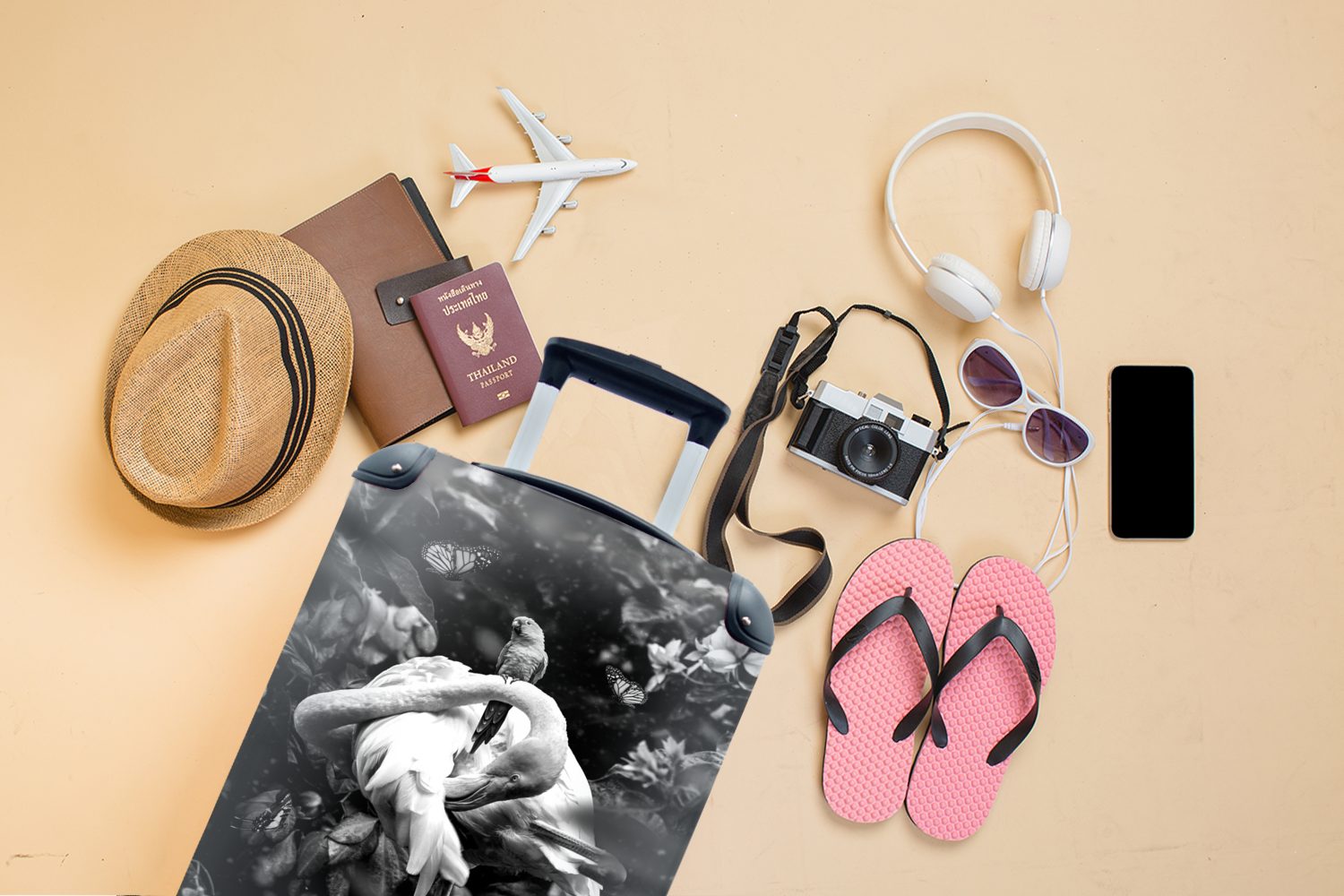 Dschungel Ferien, weiß, Handgepäck mit Flamingo MuchoWow Reisekoffer - rollen, Reisetasche 4 und Handgepäckkoffer Rollen, Trolley, und für Schmetterlinge schwarz im
