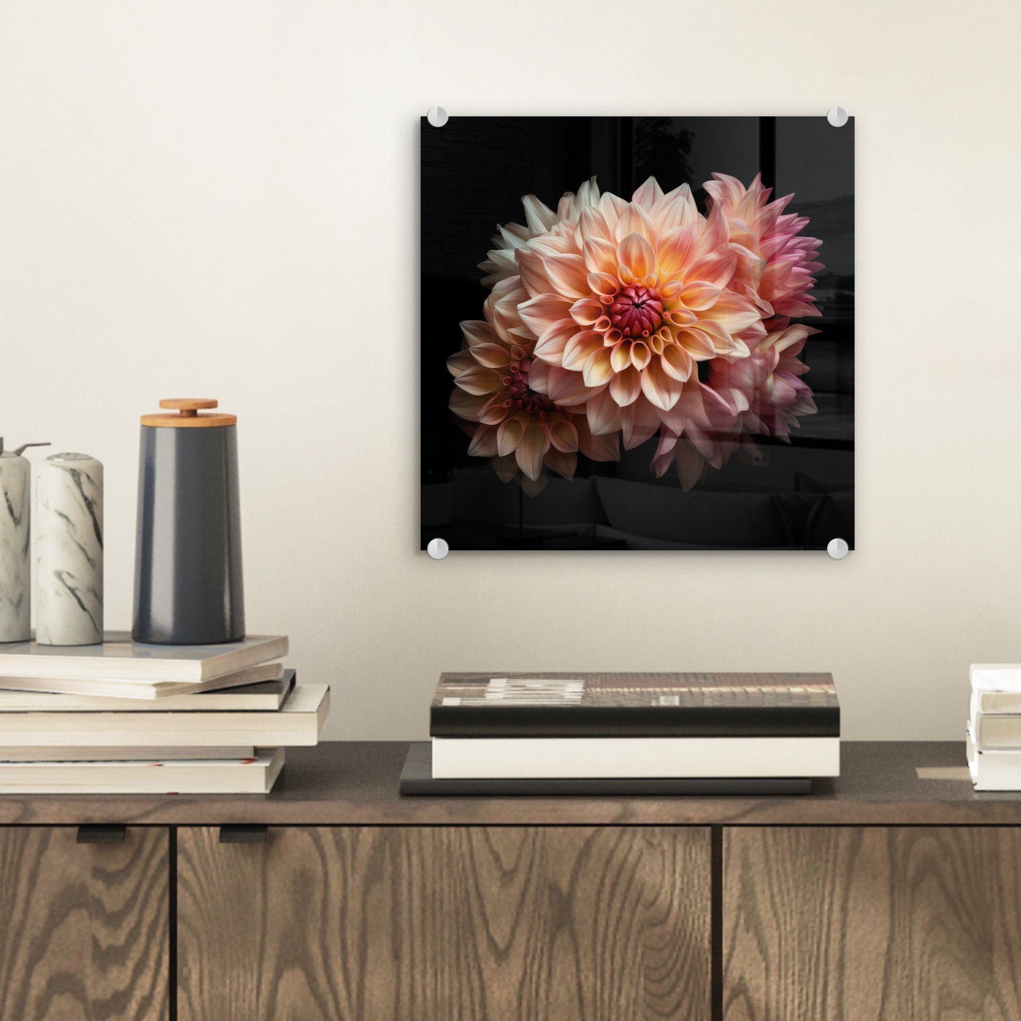 MuchoWow Acrylglasbild Dahlie - (1 - Glas St), Botanisch, Schwarz Wandbild Foto Blumen Glasbilder - Wanddekoration auf - - - - Rosa auf Glas Bilder