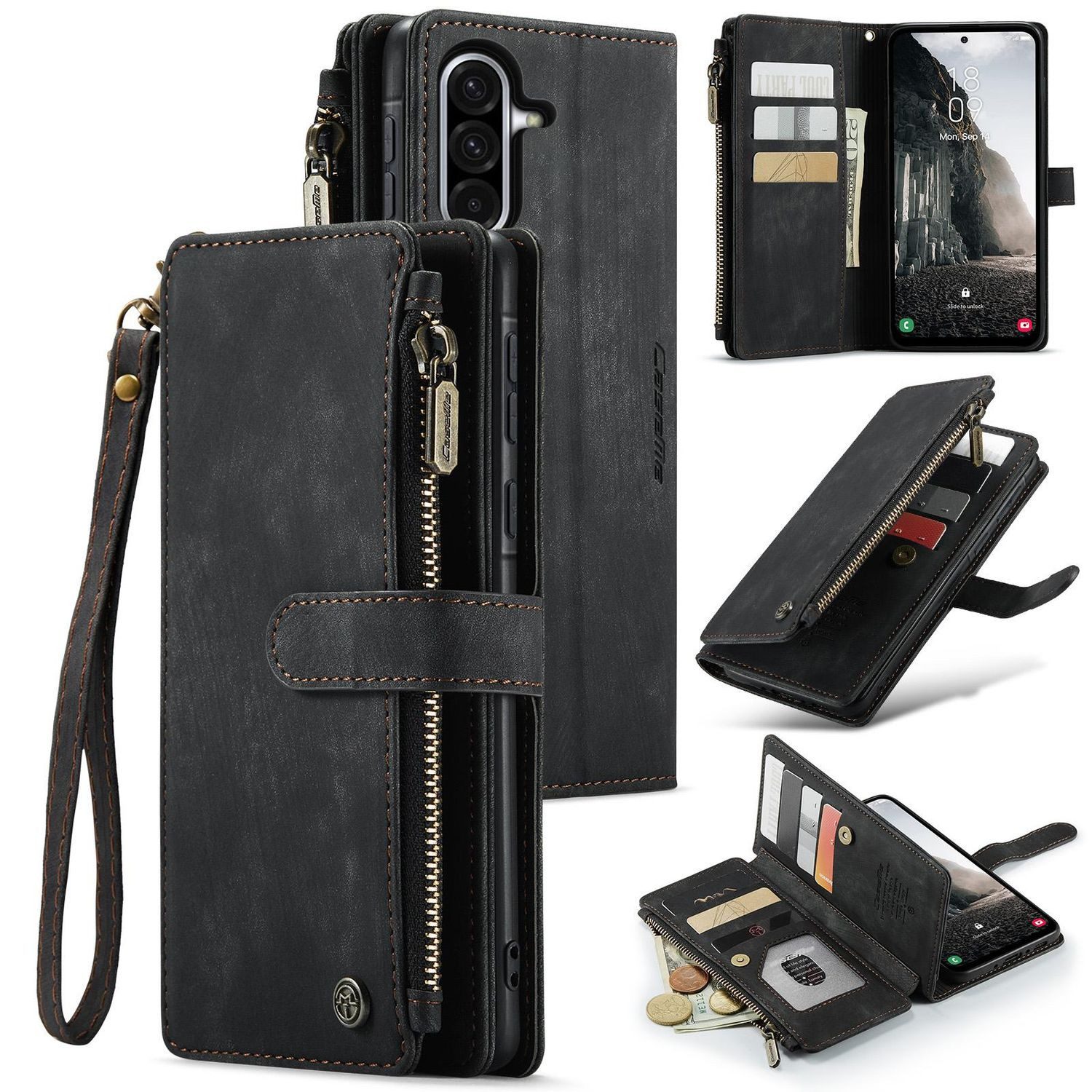 CaseMe Handyhülle Für Samsung Galaxy A56 / A36 Kunstleder Multifunktion Tasche Schwarz, Kunst-Leder Schutz Tasche Smart Case Multifunktion