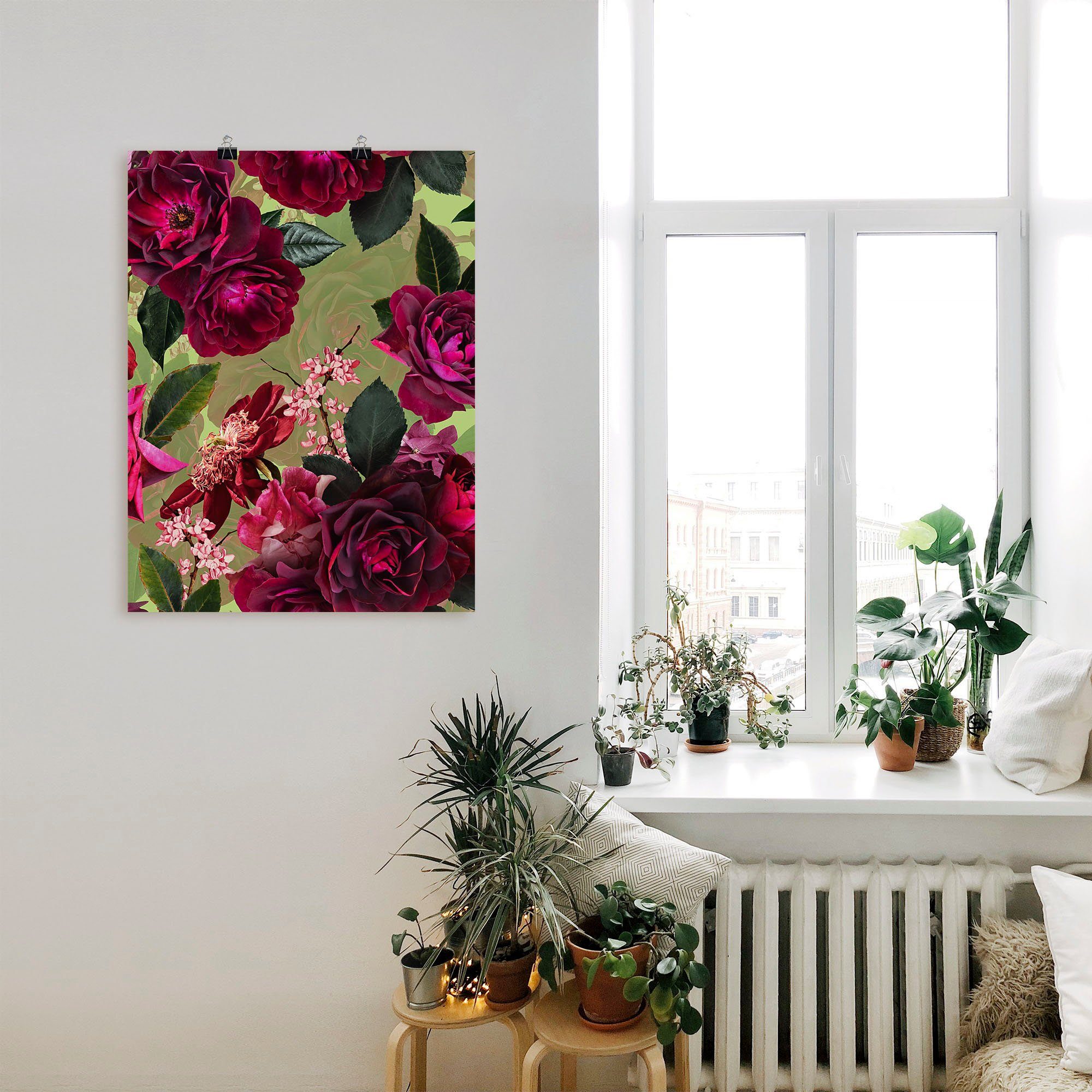 Artland Poster Dunkle Rosen auf Grün, Blumenbilder (1 St), ohne Rahmen