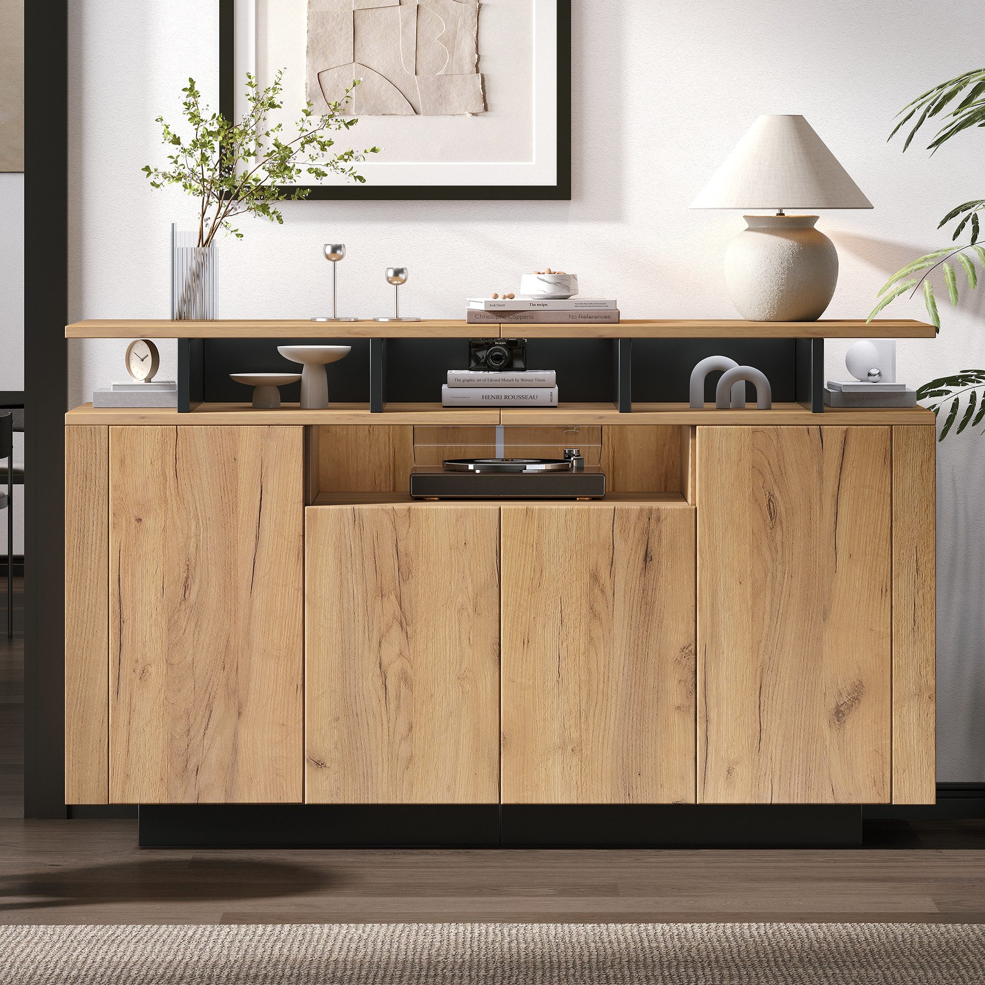 Flieks Mehrzweckschrank Sideboard mit 4 Türen und verstellbarer Ablagen (1-St., 140x40x85 cm) Küchenschrank Holzschrank mit Arbeitsplatte und offenen Fächern Natur