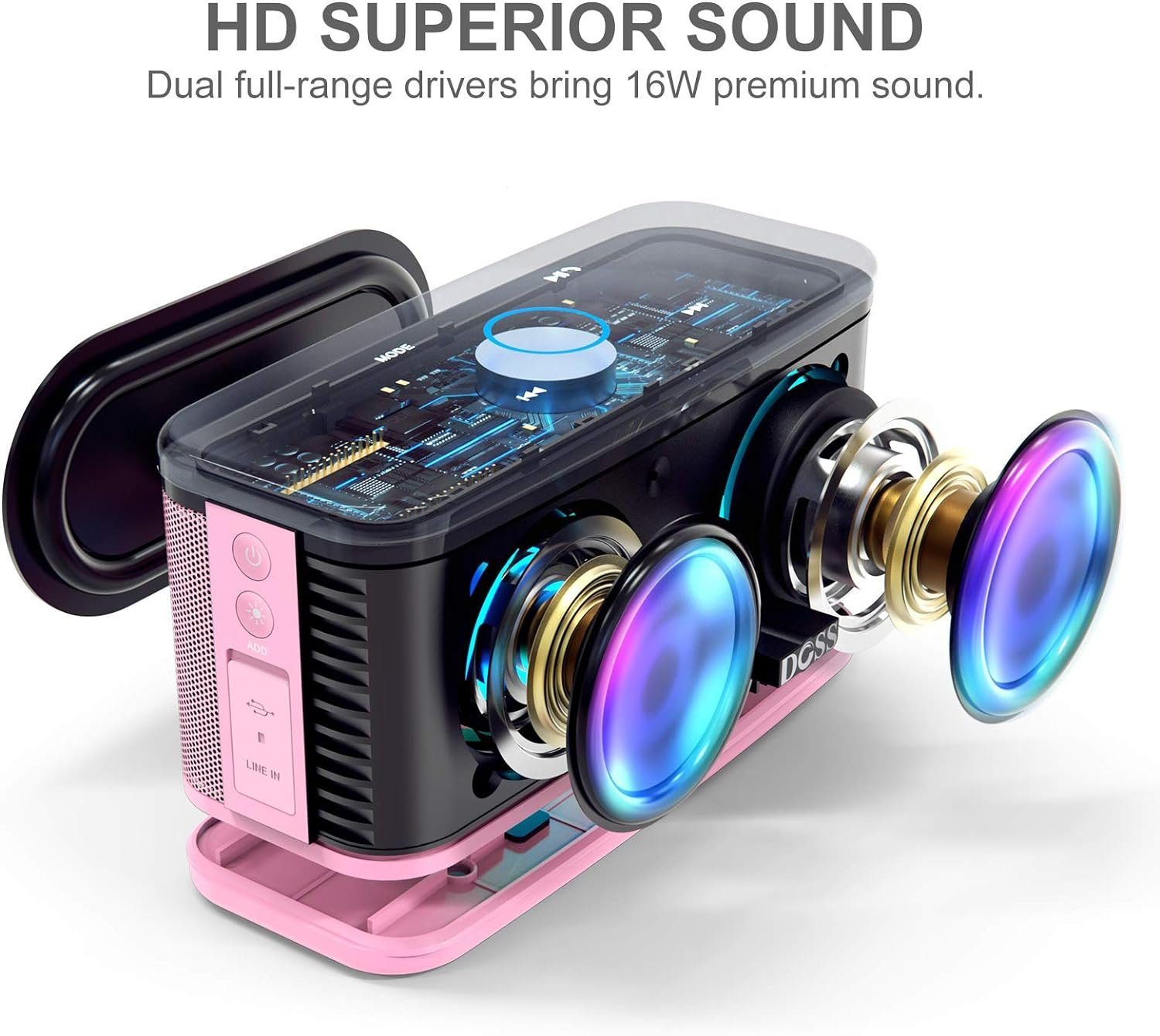 DOSS Stereo Wireless Lautsprecher (Bluetooth, W, Musikbox Dual-Bass Akku Wasserdicht) 20h Lichter, 16 IPX5 Touch-Steuerung