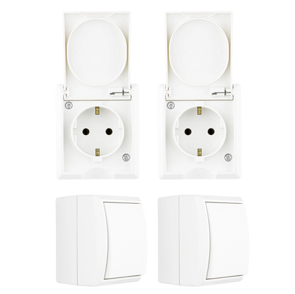 REV Ritter GmbH Aufputz-Steckdose 4 teiliges Feuchtraum Starter Set Steckdose Schalter REV AquaForm IP44, 4-St., Starter Set, 2 Steckdosen, 2 Schalter